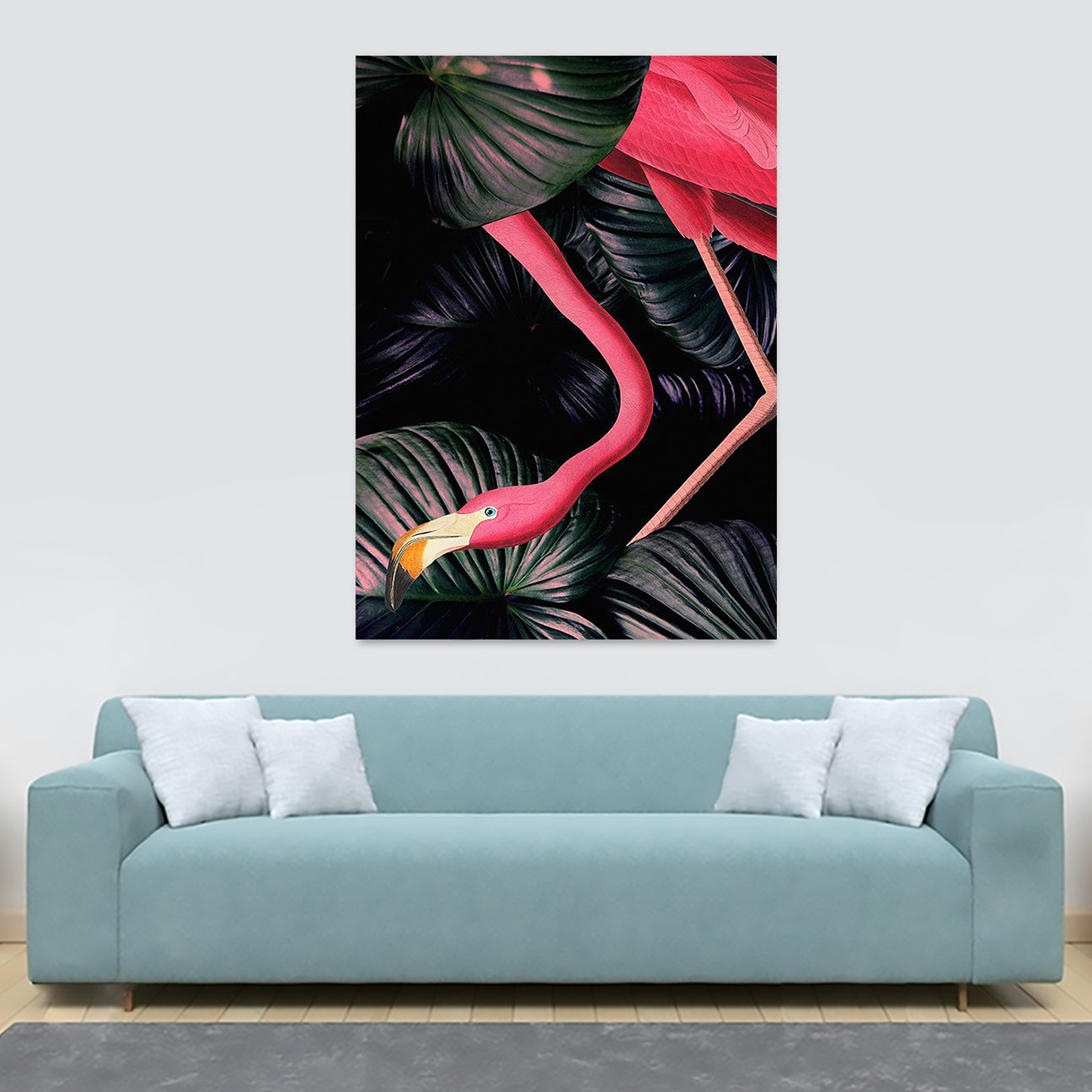 American Pink Flamingo in Jungle Wall Art - Canvas Wall Art Framed Print - Various Sizes