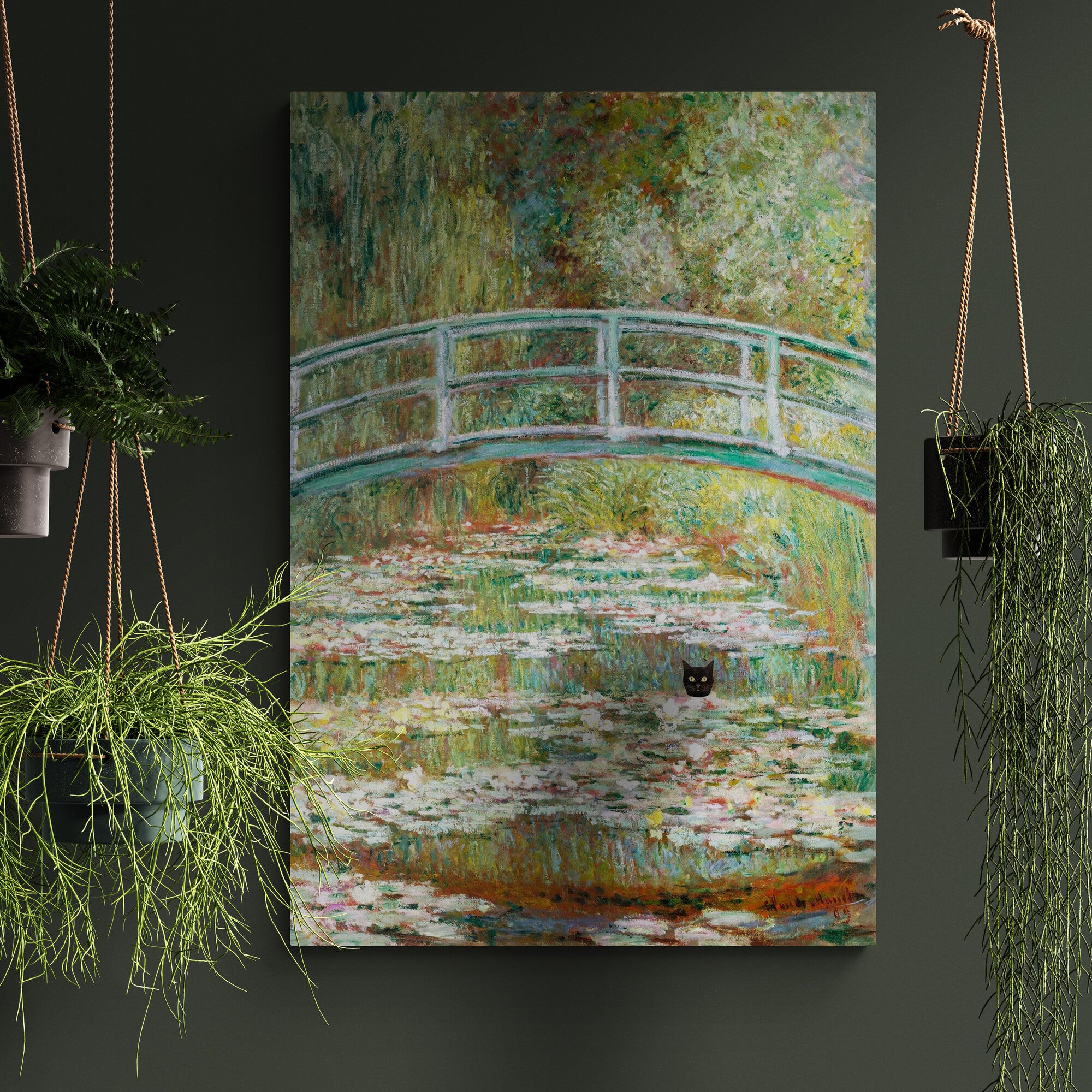 Bridge over a Pond of Water Lilies with Black Cat Funny Art by Claude Monet - Canvas Wall Art Framed Print - Various Sizes