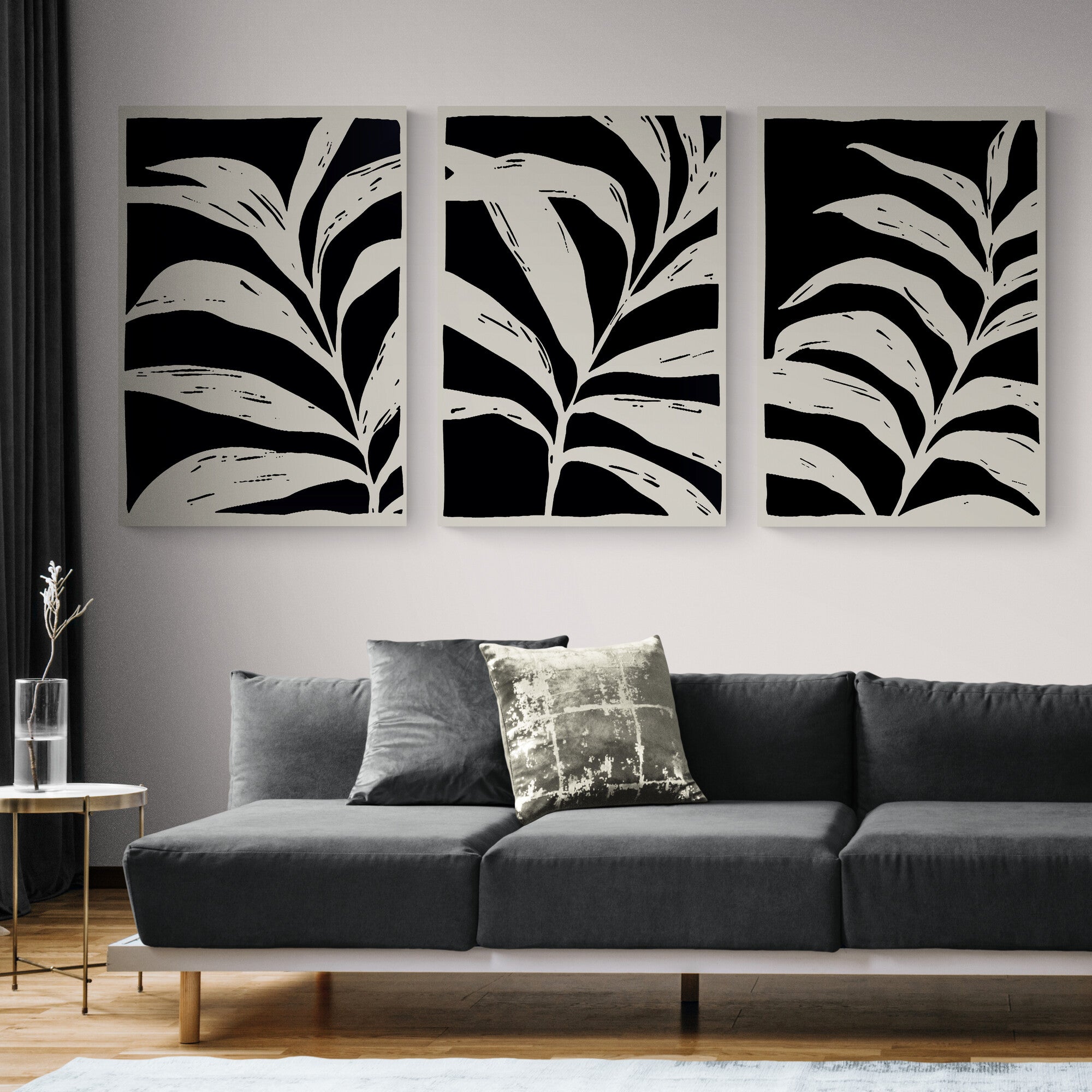 Black and White Leaves Set of 3 Abstract Wall Art - Canvas Wall Art Framed Prints - Various Sizes