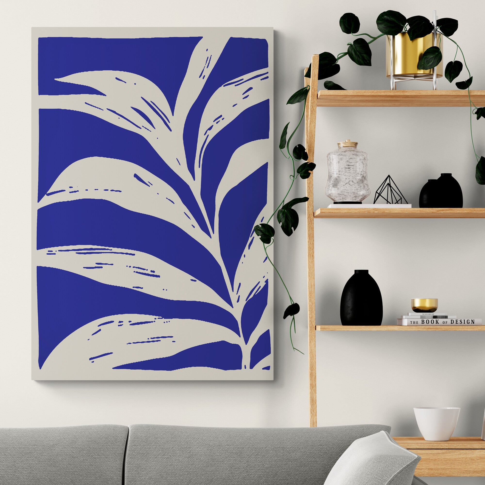 Blue and White Leaves Set of 3 Abstract Wall Art - Canvas Wall Art Framed Prints - Various Sizes