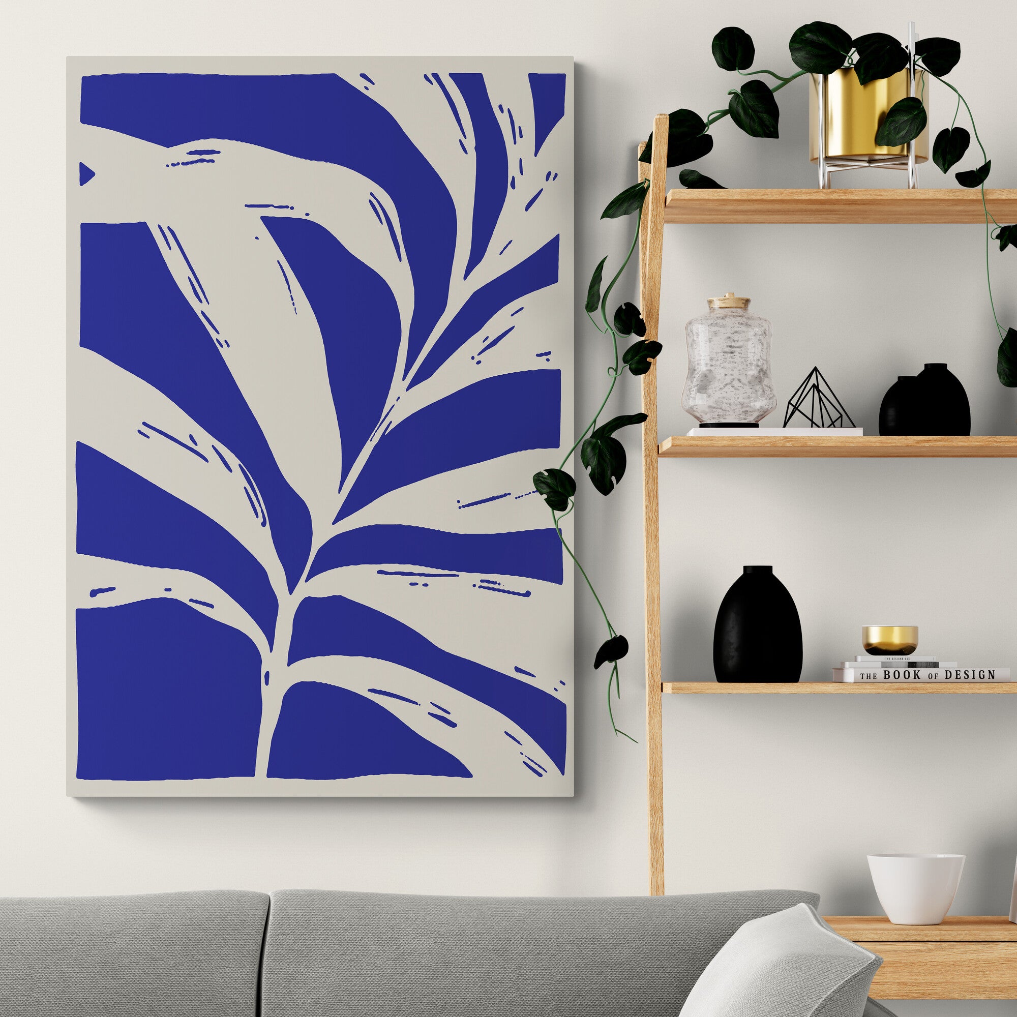 Blue and White Leaves Set of 3 Abstract Wall Art - Canvas Wall Art Framed Prints - Various Sizes