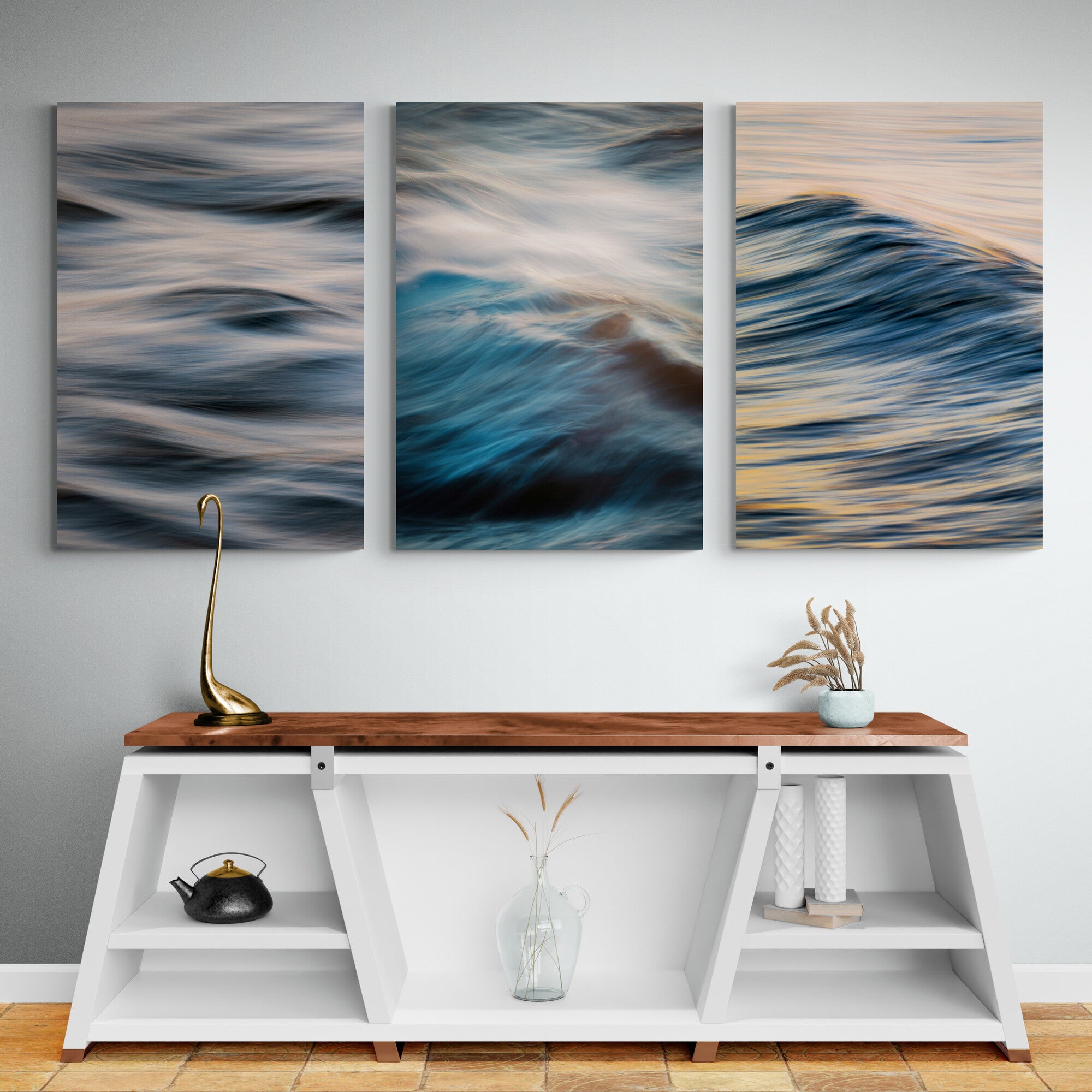 Moving Waves - Ocean Wall Art - Modern Art - Bathroom Prints  - Set of 3 Prints - Canvas Wall Art Framed Prints - Various Sizes