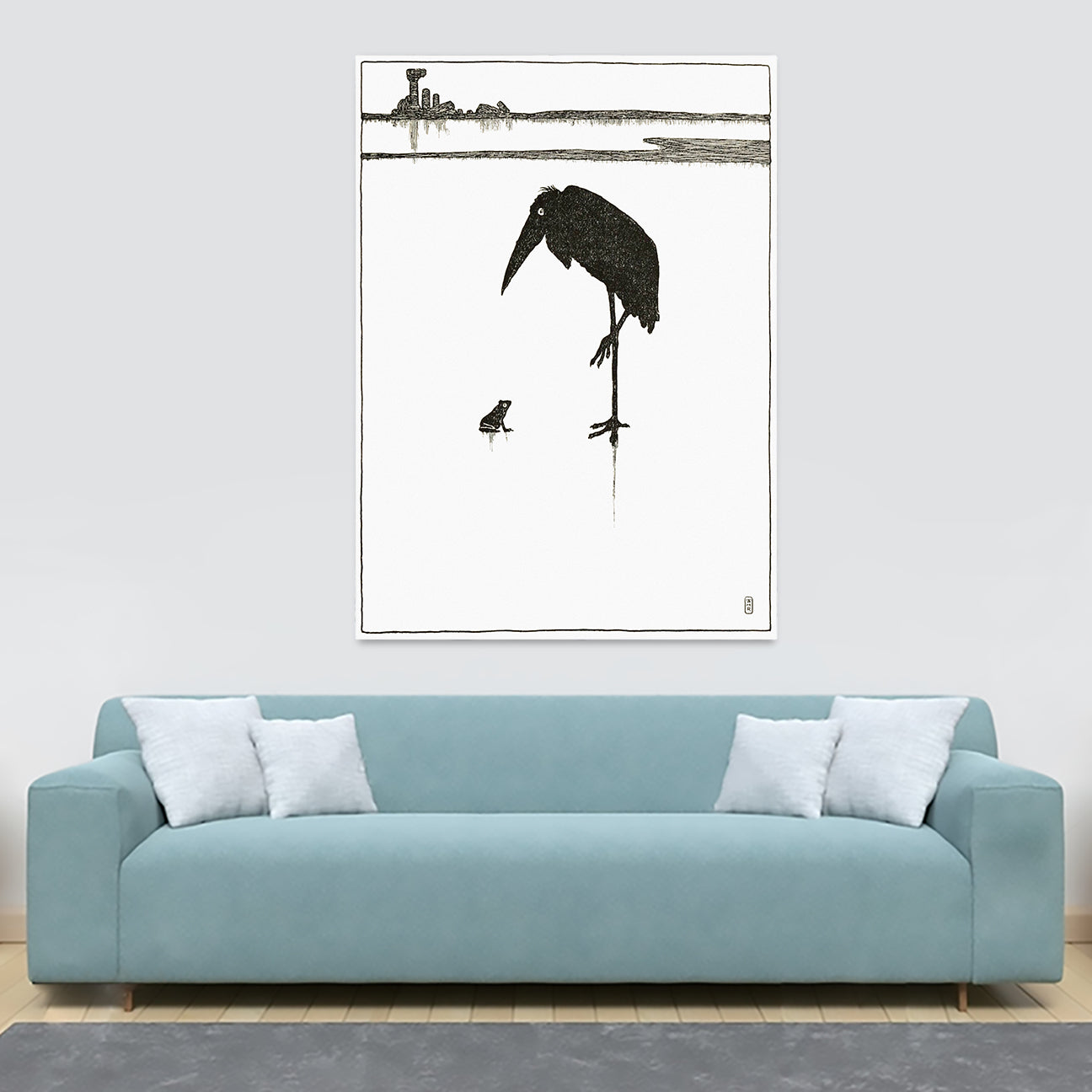 Japanese Frog and Bird - Vintage Art by Matsumoto Hoji - Canvas Wall Art Framed Print - Various Sizes