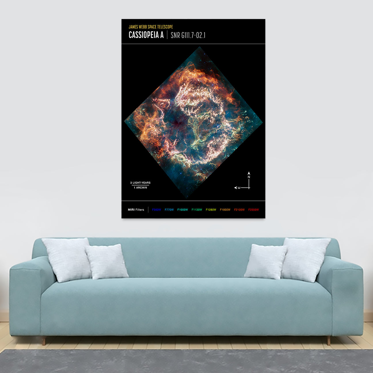 NASA James Webb Telescope - Cassiopeia A (MIRI Compass Image) Wall Art - Canvas Wall Art Framed Print - Various Sizes