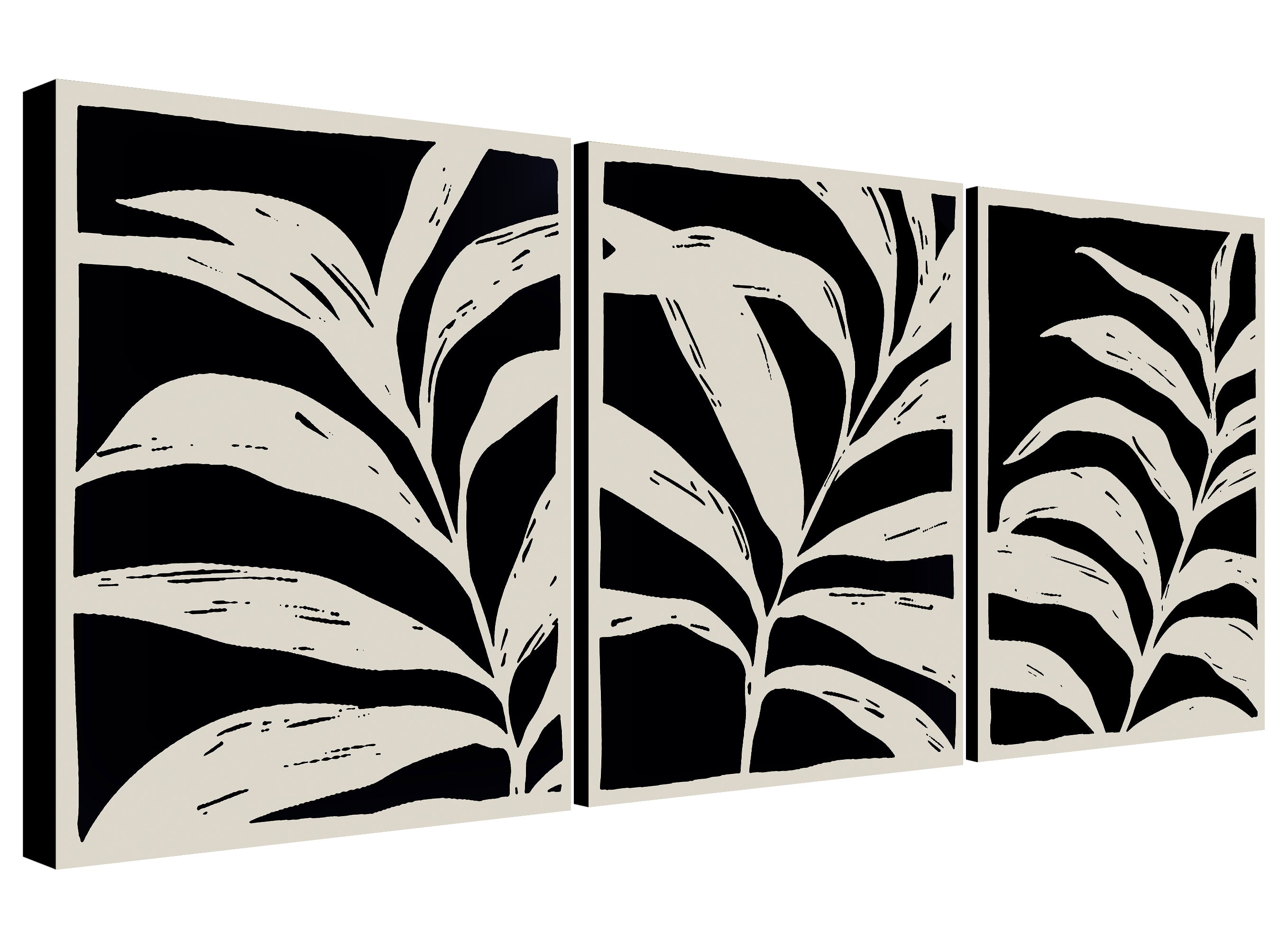 Black and White Leaves Set of 3 Abstract Wall Art - Canvas Wall Art Framed Prints - Various Sizes