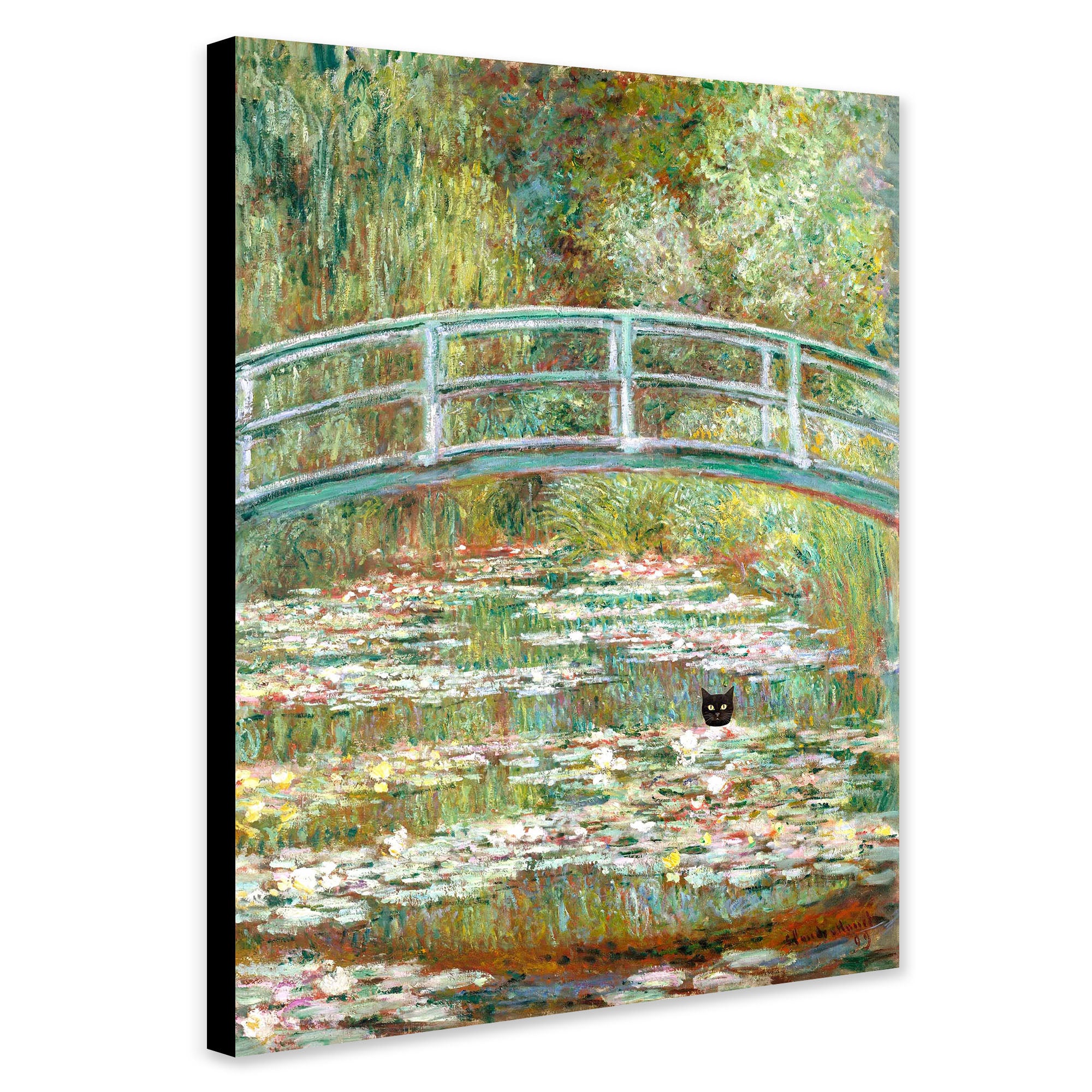 Bridge over a Pond of Water Lilies with Black Cat Funny Art by Claude Monet - Canvas Wall Art Framed Print - Various Sizes