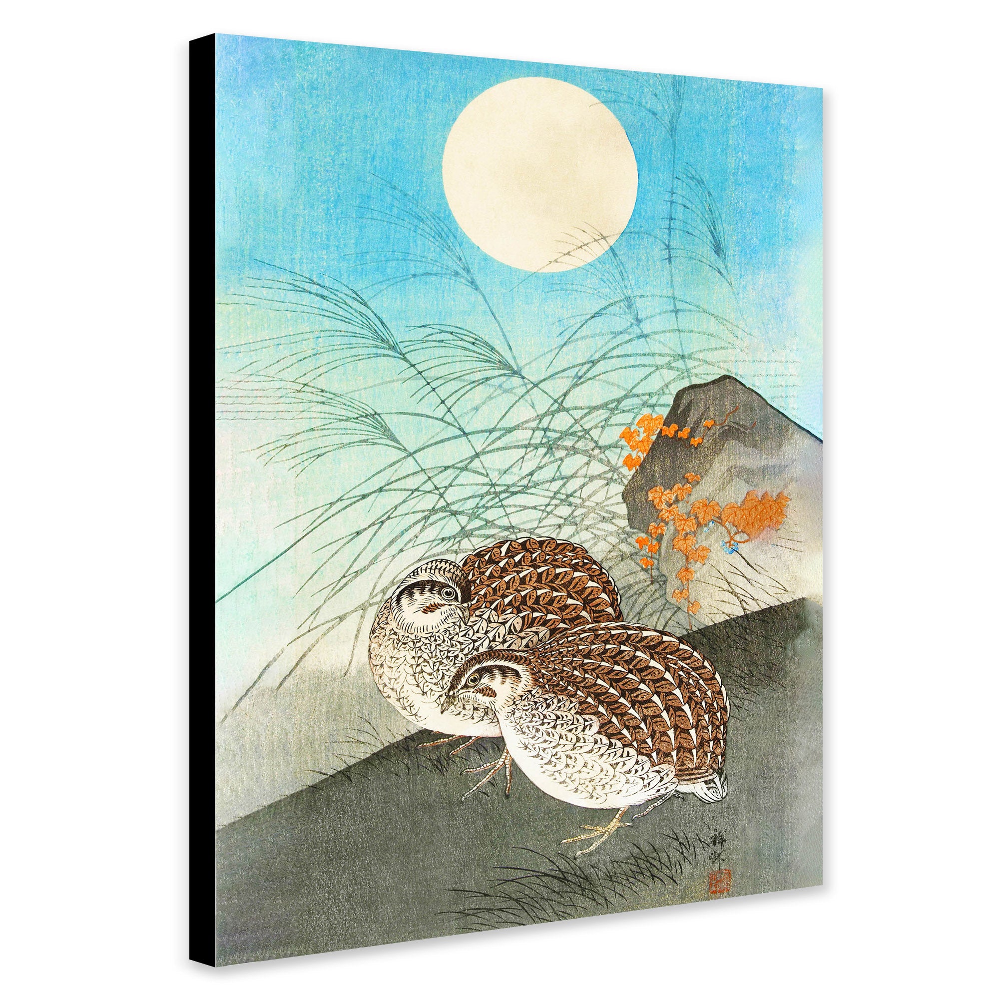 Two Quails At Full Moon - Vintage Bird Wall Art by Ohara Koson - Canvas Wall Art Framed  Print - Various Sizes