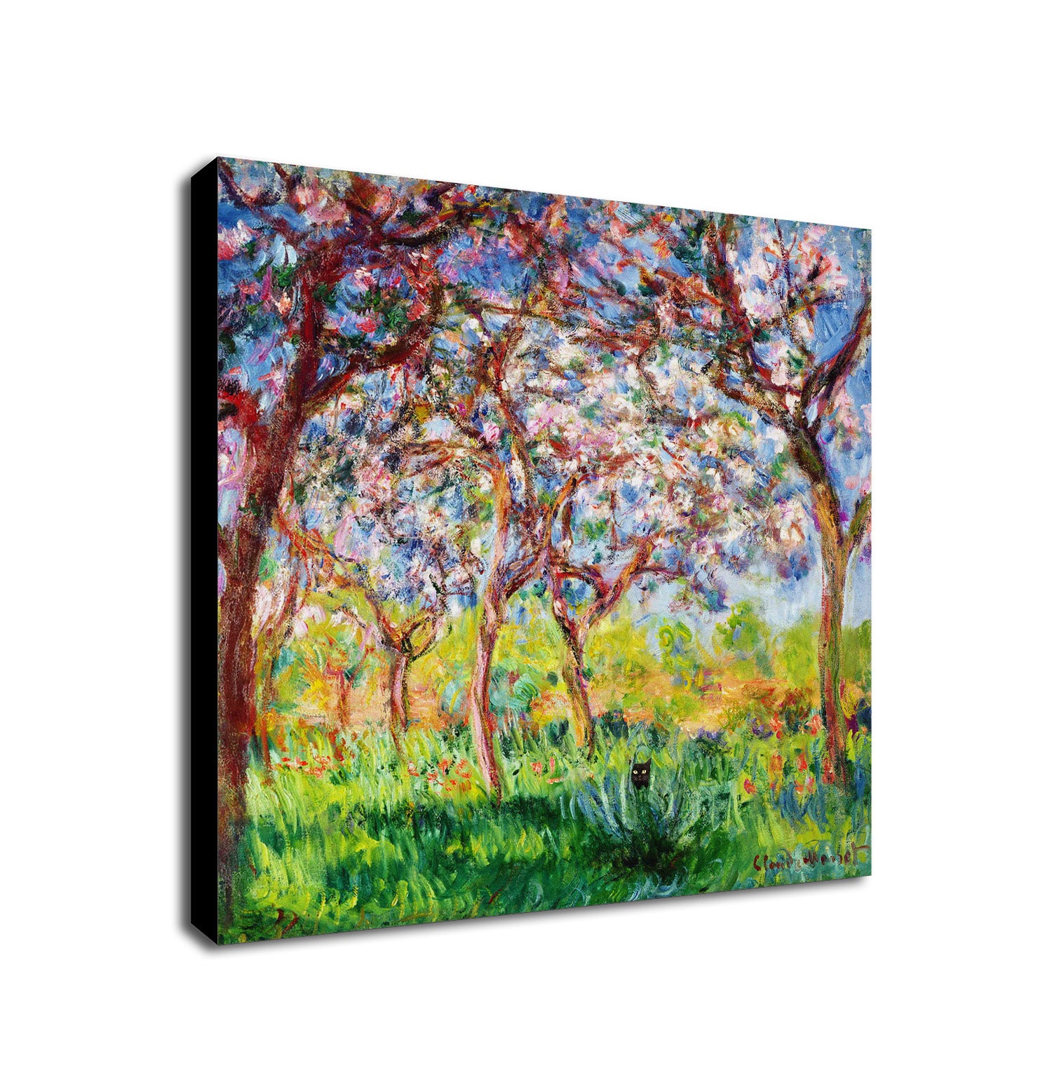 Monet - Spring in Giverny with Black Cat - Funny Wall Art - Framed Canvas Wall Art Print - Various Sizes