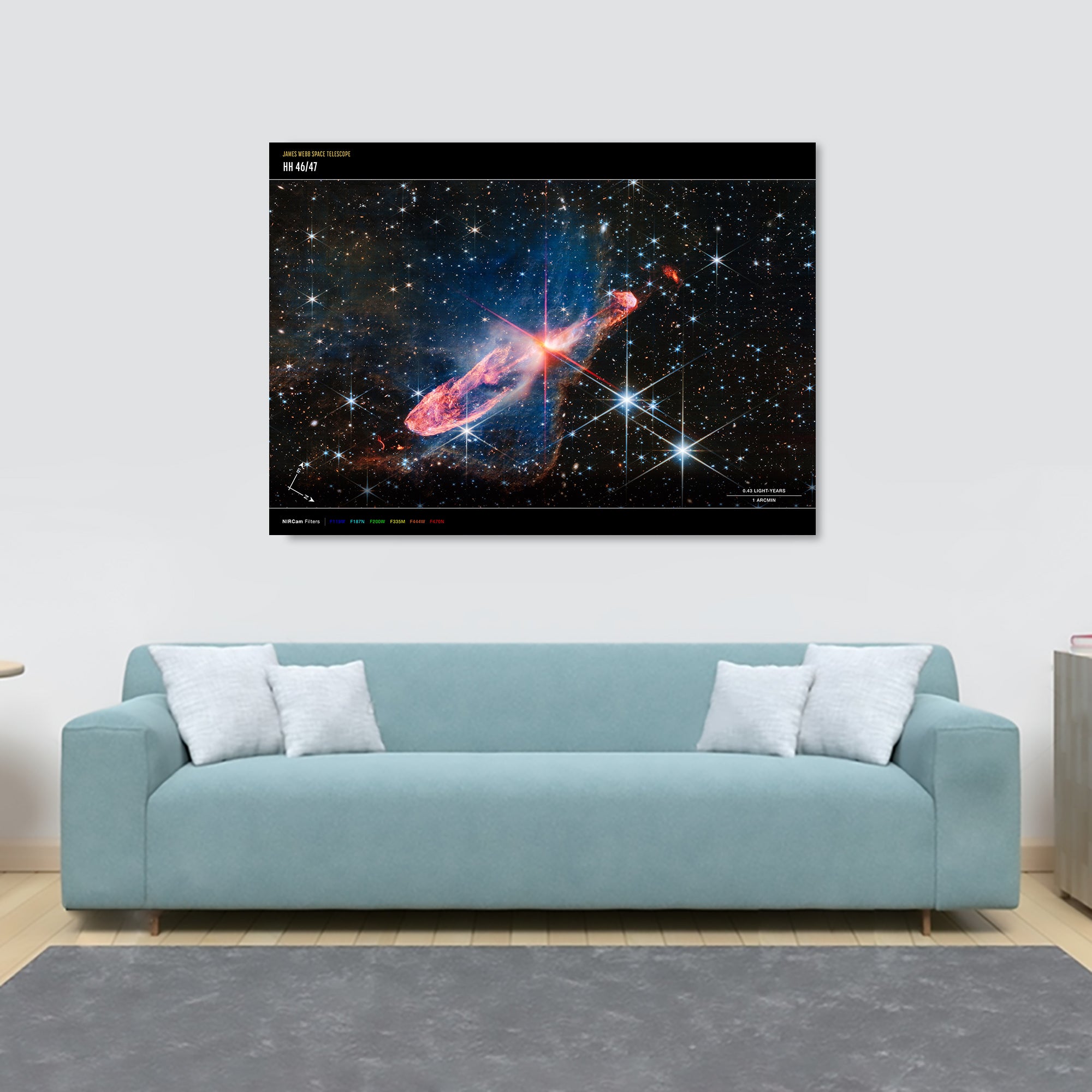 NASA - James Webb Telescope - Herbig-Haro 46/47 (NIRCam Compass Image) Wall Art - Canvas Wall Art Framed Print - Various Sizes