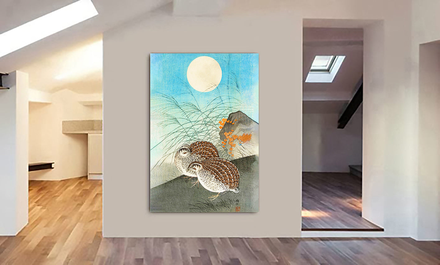 Two Quails At Full Moon - Vintage Bird Wall Art by Ohara Koson - Canvas Wall Art Framed  Print - Various Sizes