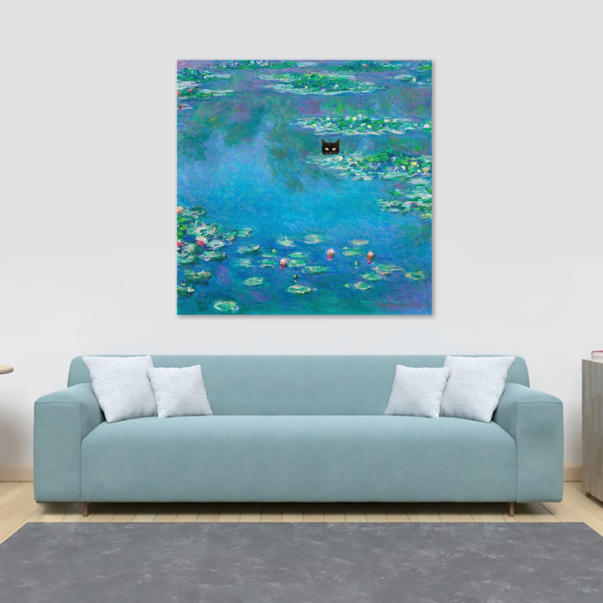 Monet Water Lilies with Black Cat Funny Wall Art - Framed Canvas Wall Art Print - Various Sizes