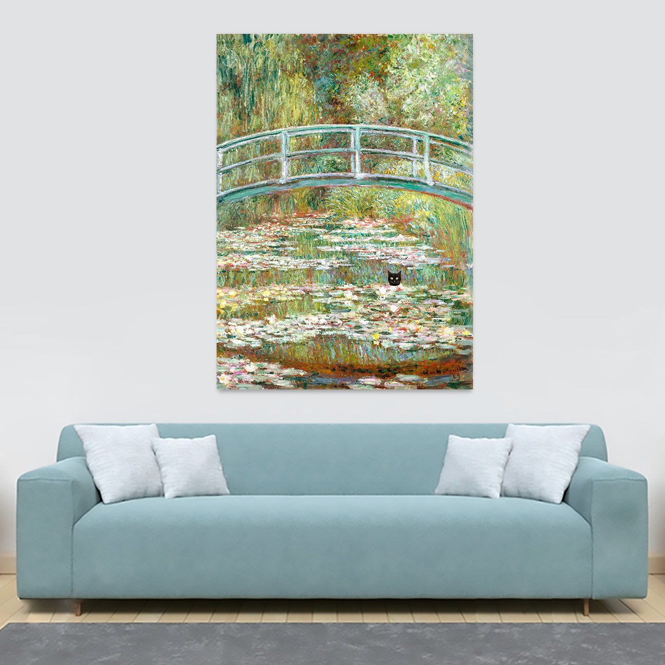 Bridge over a Pond of Water Lilies with Black Cat Funny Art by Claude Monet - Canvas Wall Art Framed Print - Various Sizes