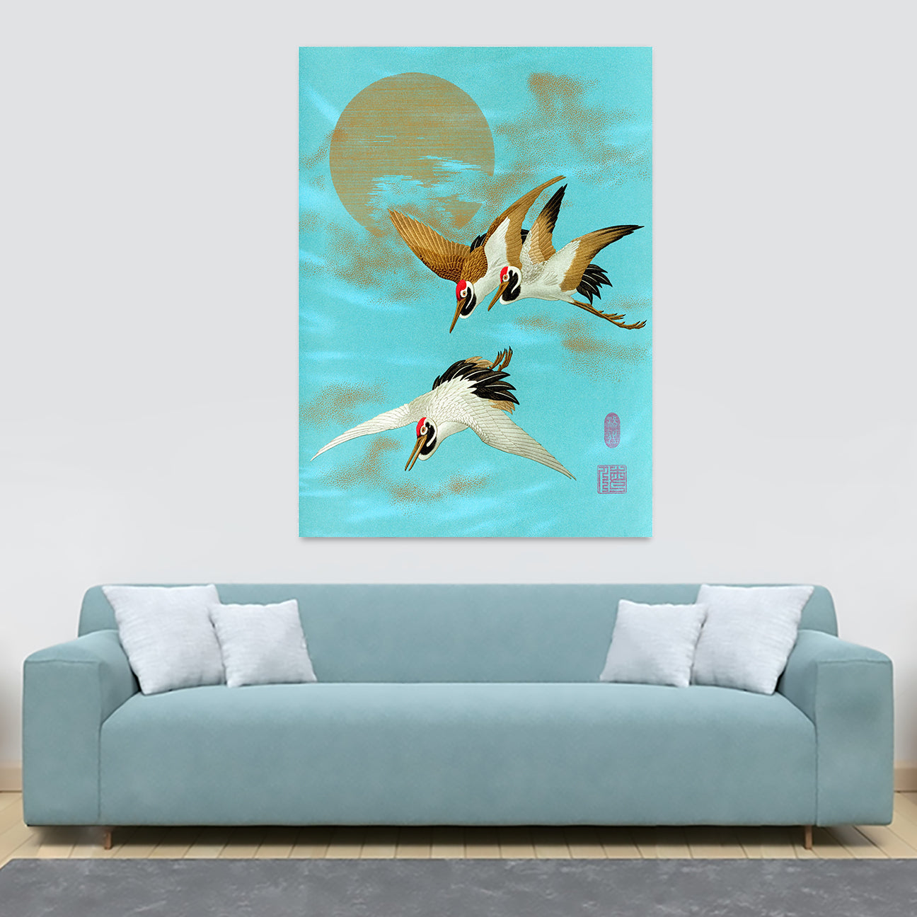 Three Sarus Crane Flying In Front Of The Moon - Vintage Japanese Art By by G.A. Audsley - Canvas Wall Art Framed Print - Various Sizes