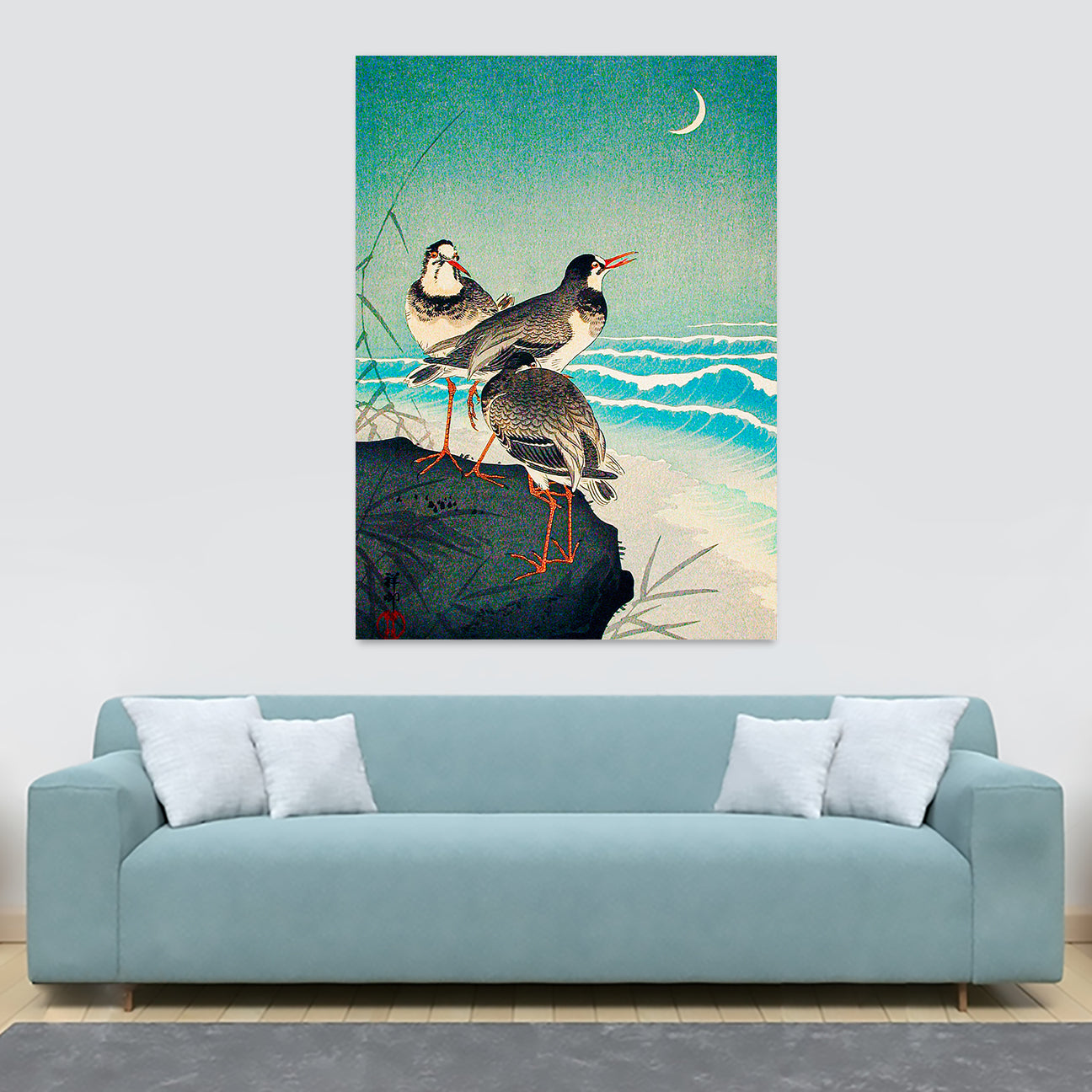 Snipes at the Shore - Japanese Art by Ohara Koson - Canvas Wall Art Framed Print - Various Sizes