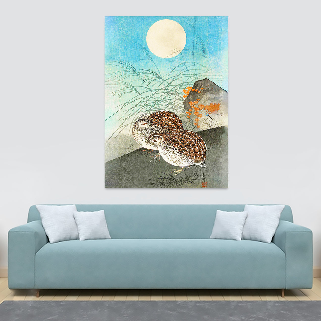 Two Quails At Full Moon - Vintage Bird Wall Art by Ohara Koson - Canvas Wall Art Framed  Print - Various Sizes
