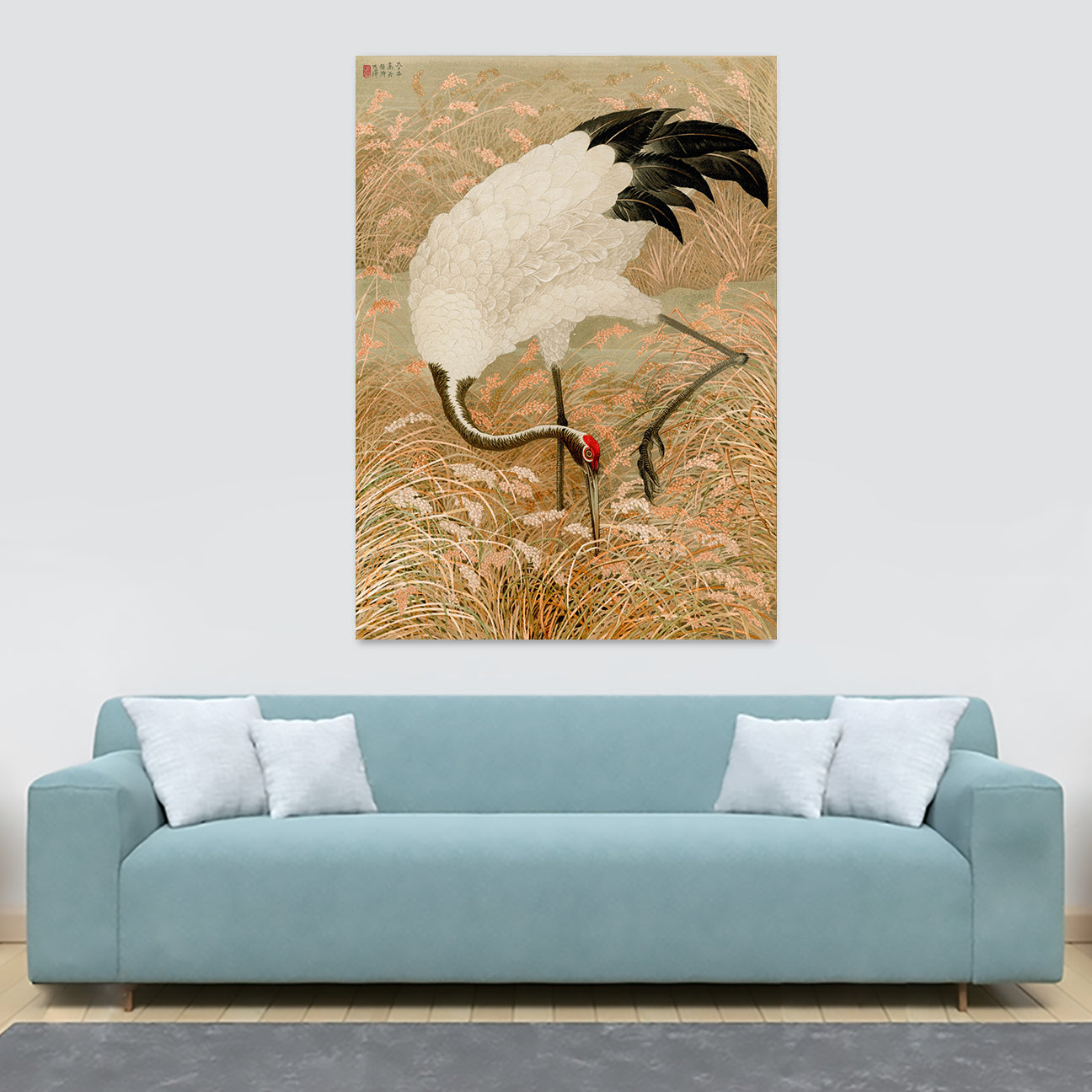 Sarus Crane In Rice Field - Vintage Japanese  Wall Art by G.A. Audsley - Canvas Wall Art Framed Print - Various Sizes