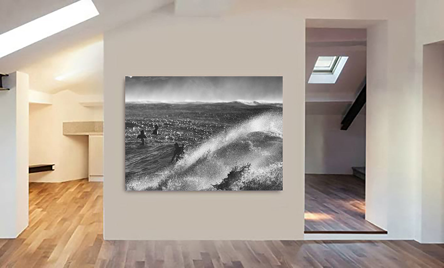 Surfers - Monochrome Waves - Wall Art  - Canvas Wall Art Framed Print - Various Sizes