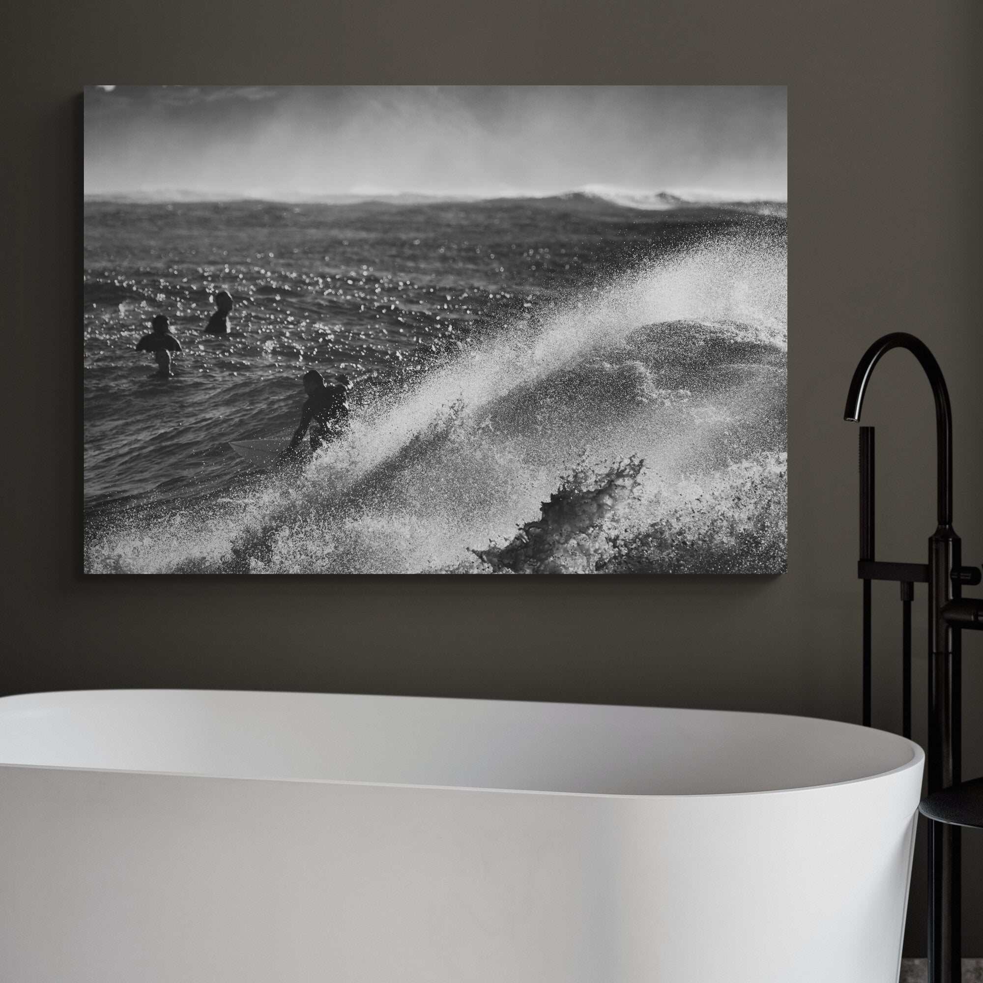 Surfers - Monochrome Waves - Wall Art  - Canvas Wall Art Framed Print - Various Sizes