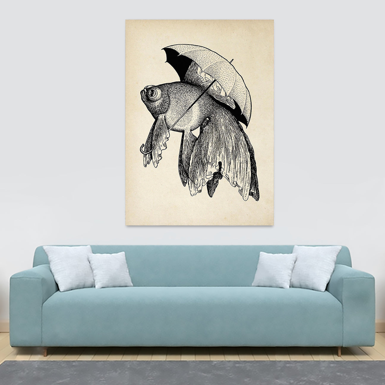 Vintage Fish with Umbrella Wall Art - Canvas Wall Art Framed Print - Various Sizes