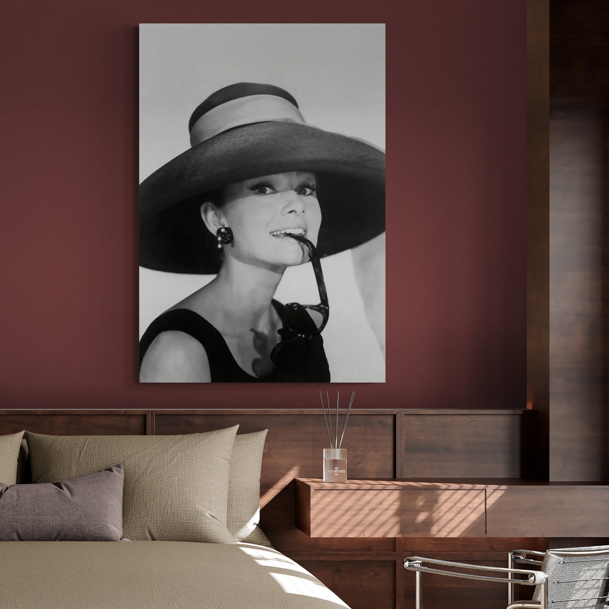 Audrey Hepburn - Breakfast At Tiffany's - Wearing a Hat - Movie Wall Art - Canvas Wall Framed Print - Various Sizes