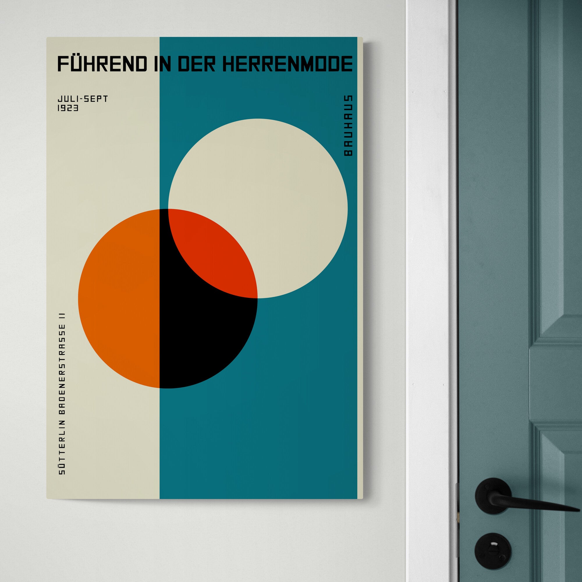 Bauhaus Herrenmode 1923 Orange Circle on Blue - Canvas Wall Art Framed Print - Various Sizes