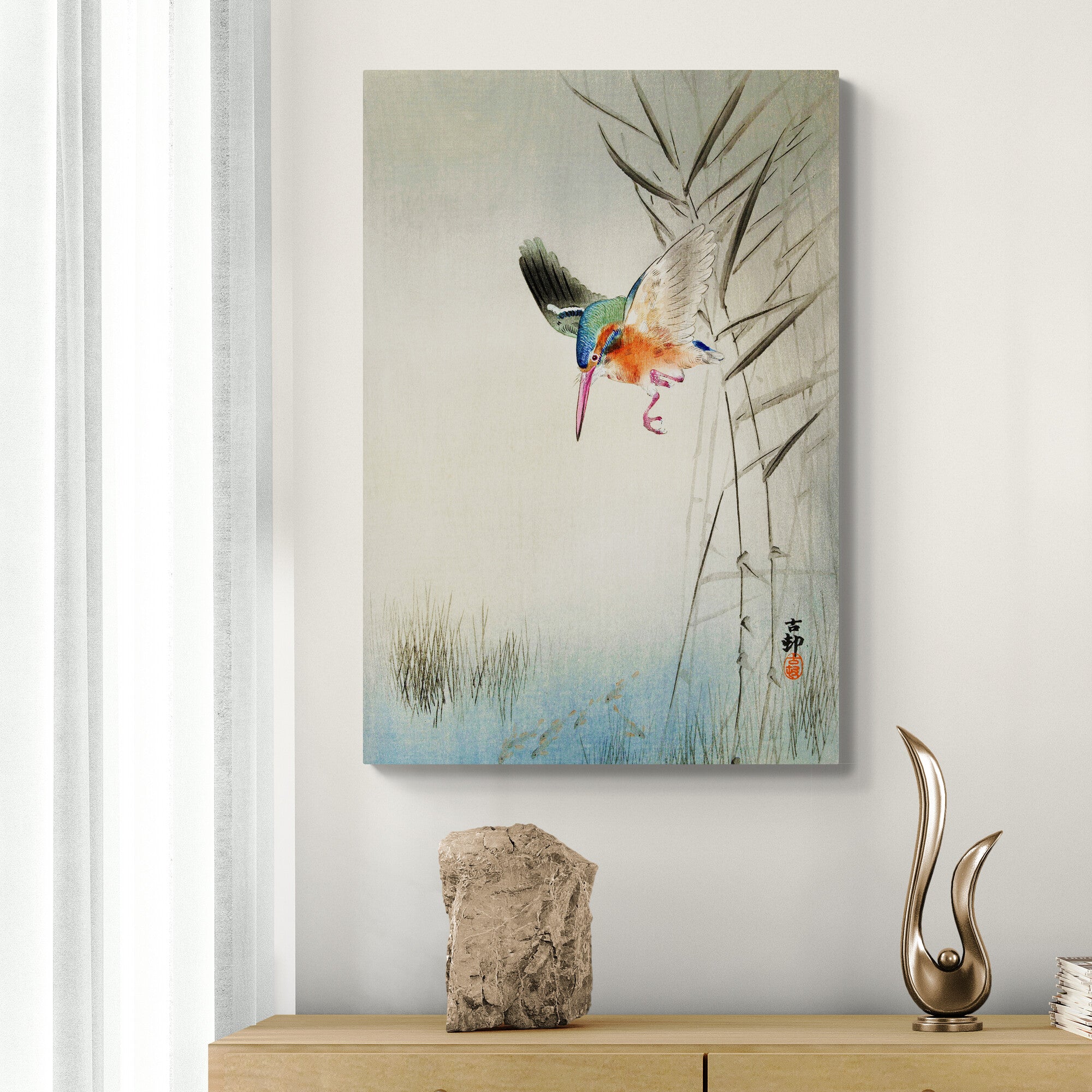 Kingfisher Hunting For Fish by Ohara Koson - Canvas Wall Art Framed  Print - Various Sizes