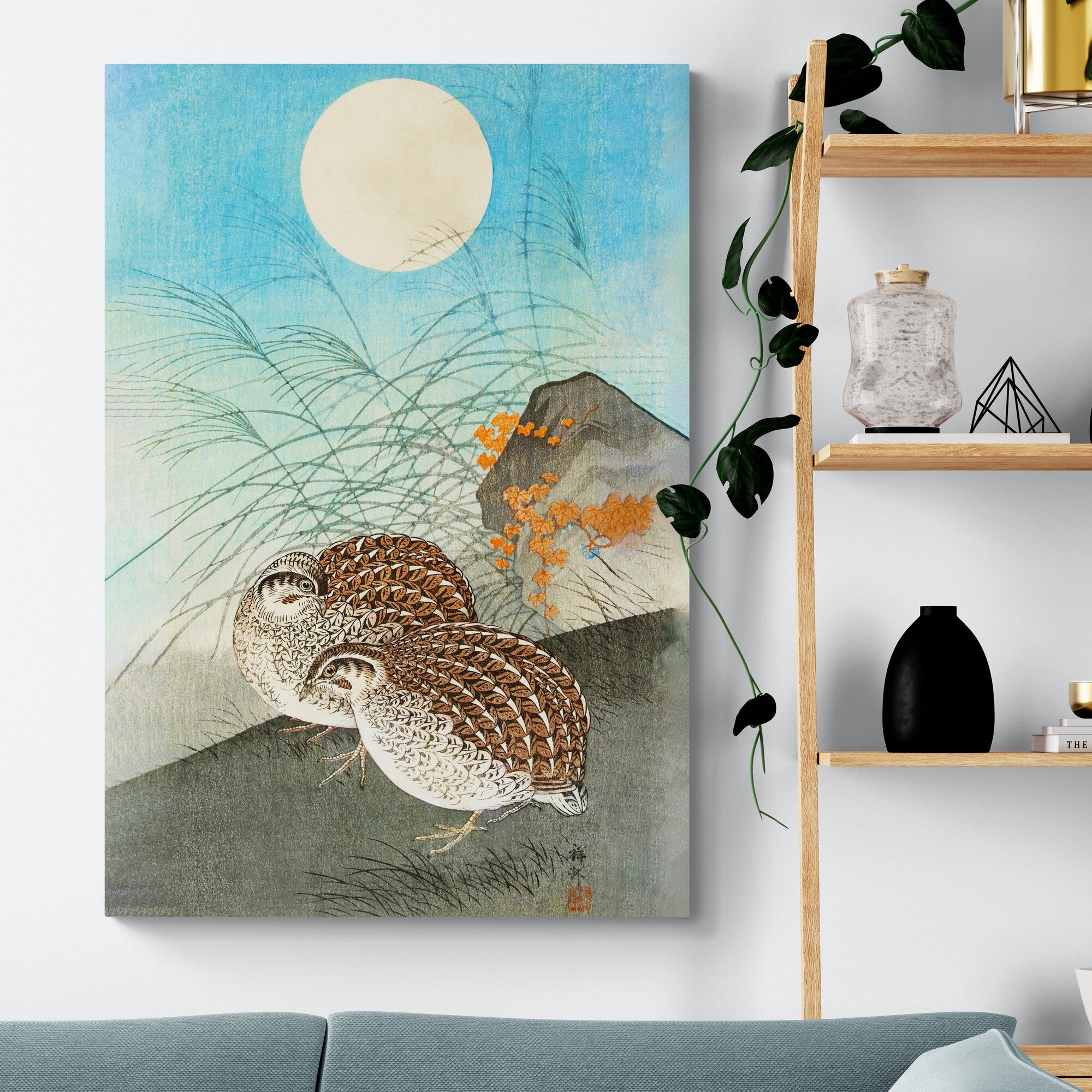 Two Quails At Full Moon - Vintage Bird Wall Art by Ohara Koson - Canvas Wall Art Framed  Print - Various Sizes
