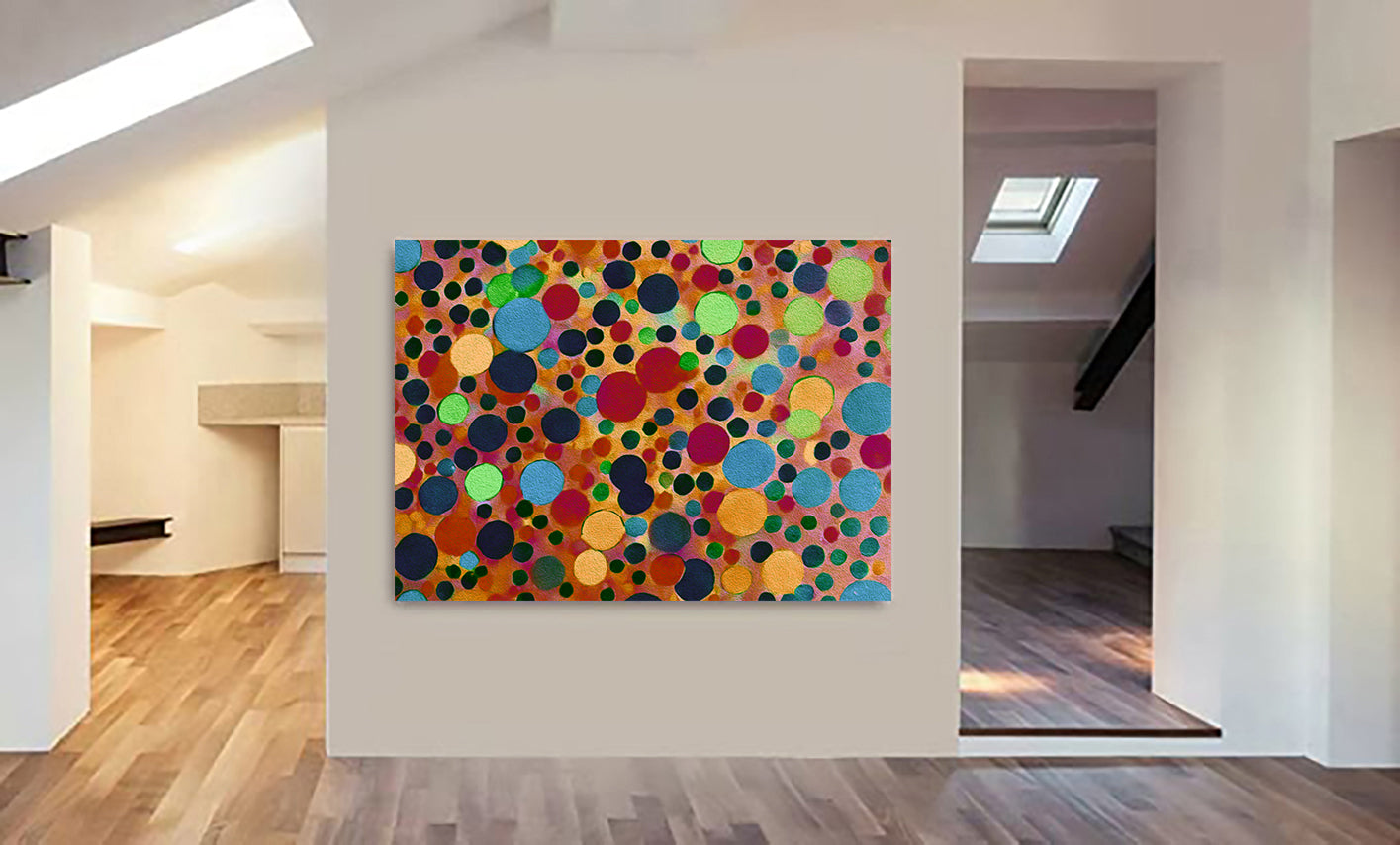 Colourful Dots - Blue - Red - Yellow Abstract Wall Art - Canvas Wall Art Framed Print - Various Sizes