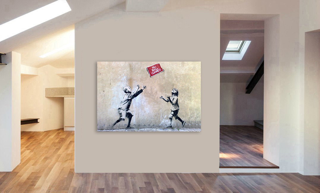 BANKSY Street Art - No Ball Games - Graffiti - Canvas Wall Art Framed Print - Various Sizes
