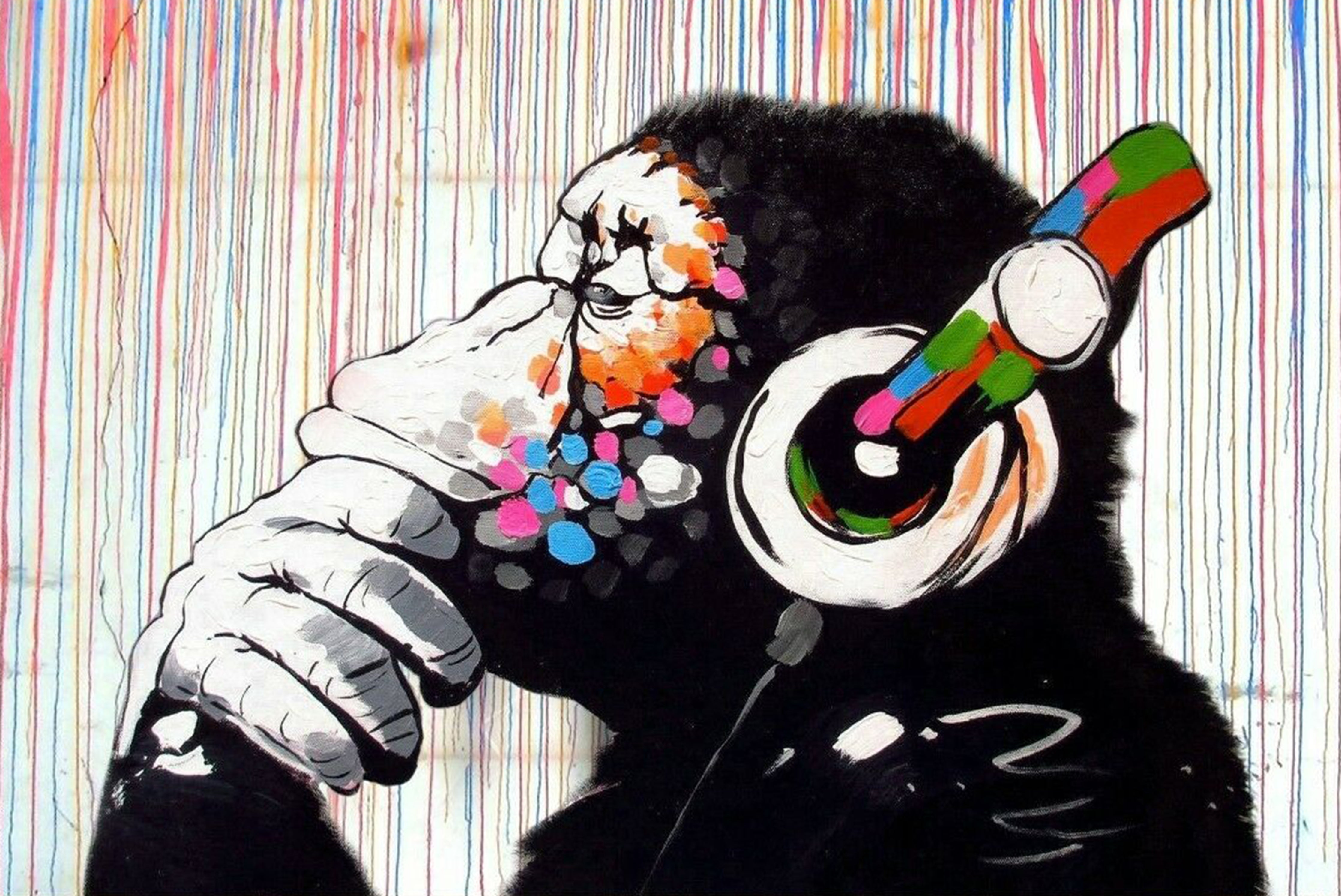 Banksy - DJ Monkey Gorilla Chimp - Rainbow Rain - Canvas Framed Wall Art Print - Various sizes