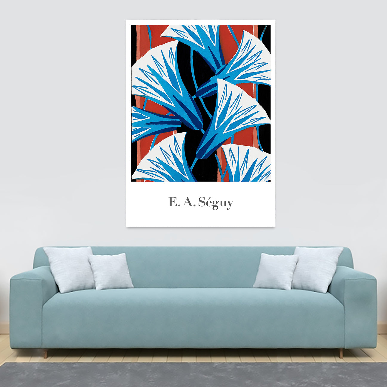 Blue Red Flower Pattern - Vintage - by E. A. Seguy - Canvas Wall Art Framed Print - Various Sizes