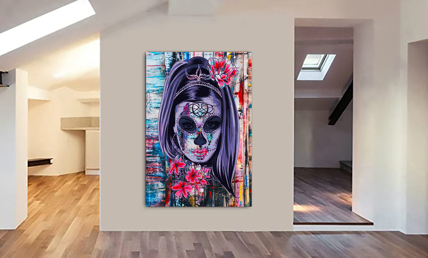 Candy Skull - Day Of the Dead Female Graffiti - Canvas Wall Art Framed Print - Various Sizes