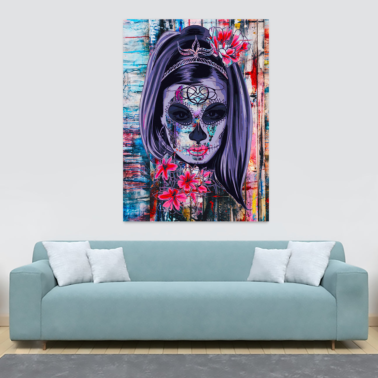 Candy Skull - Day Of the Dead Female Graffiti - Canvas Wall Art Framed Print - Various Sizes