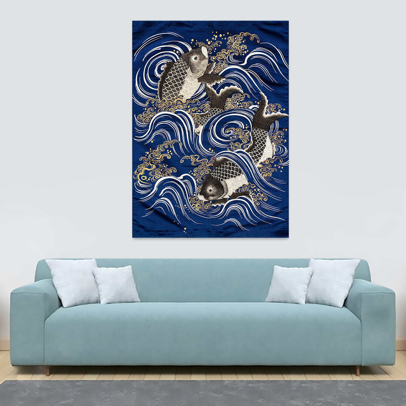 Carp Fish in Waves - Japanese Art Vintage - Canvas Wall Art Framed Print - Various Sizes