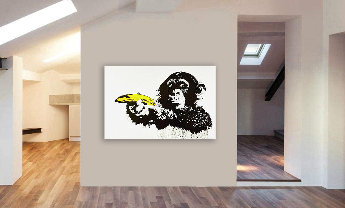 Banksy Chimp Banana Gun - Canvas Wall Art Framed Print- Various Sizes