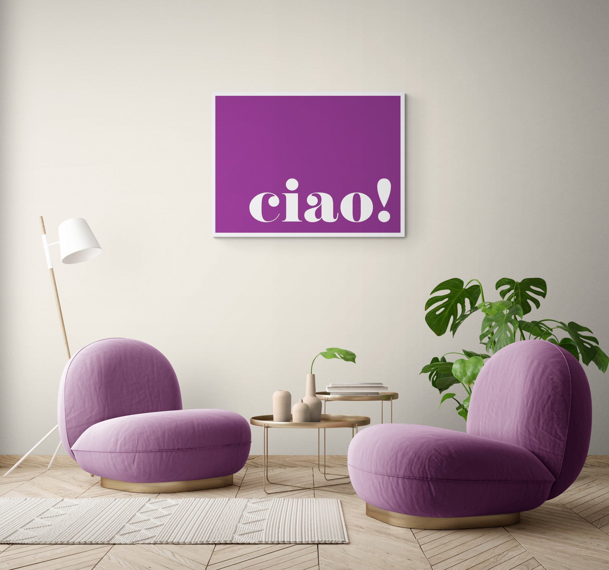 Ciao! purple - Typographic Art - Canvas Wall Art Framed Print - Various Sizes