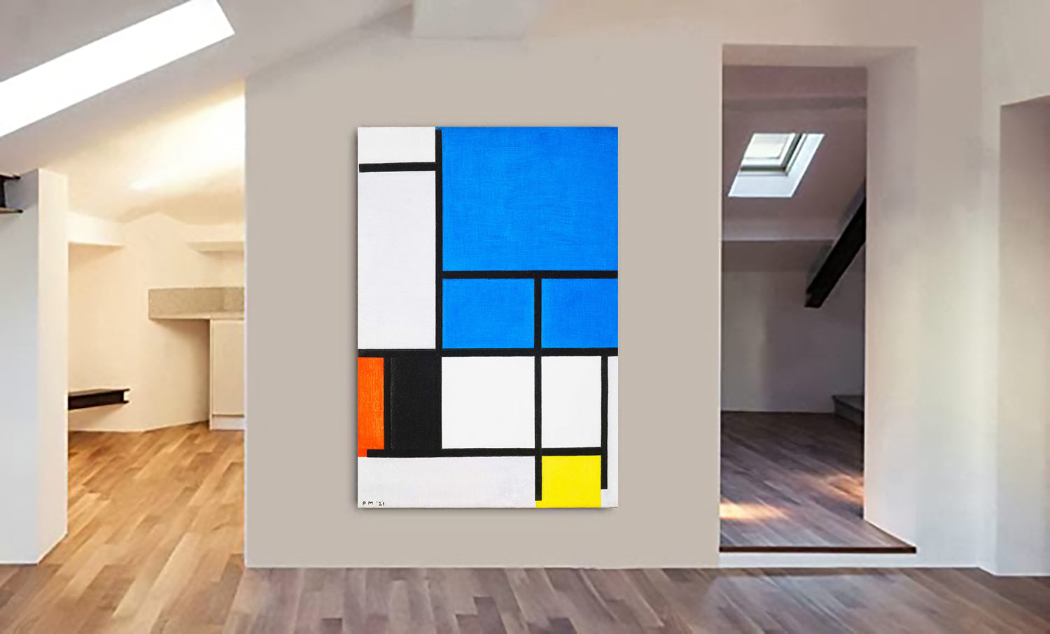 Composition with Large Blue Plane, Red, Black, Yellow and Gray by Piet Mondrian - Canvas Wall Art Framed Print - Various Sizes