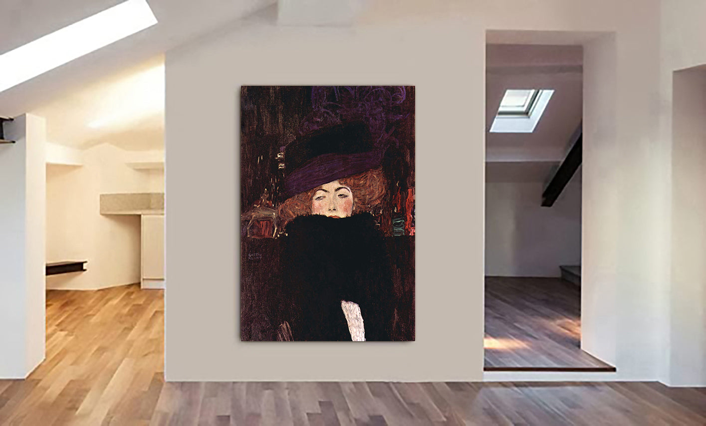 Dame mit Hut und Federboa by Gustav Klimt - Canvas Wall Art Framed Print - Various Sizes