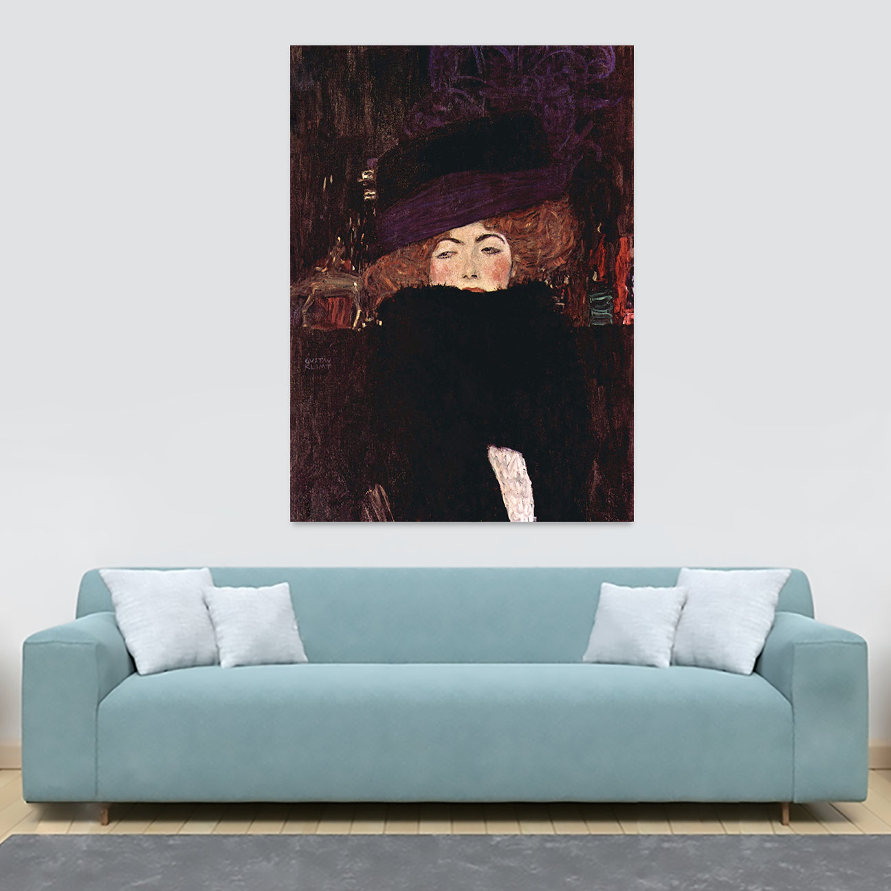 Dame mit Hut und Federboa by Gustav Klimt - Canvas Wall Art Framed Print - Various Sizes