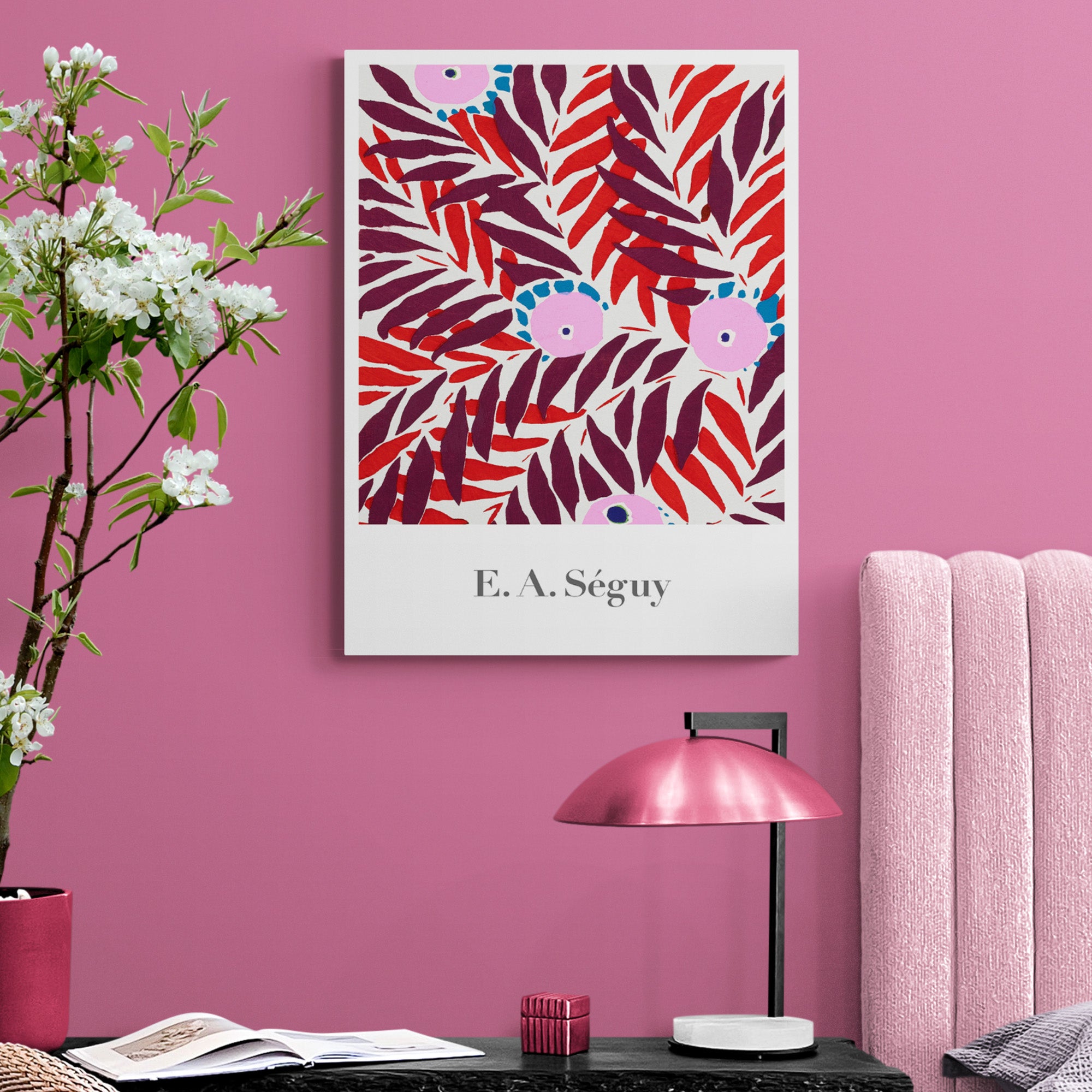 Pink Red Flower Pattern - Vintage - by E. A. Seguy - Canvas Wall Art Framed Print - Various Sizes