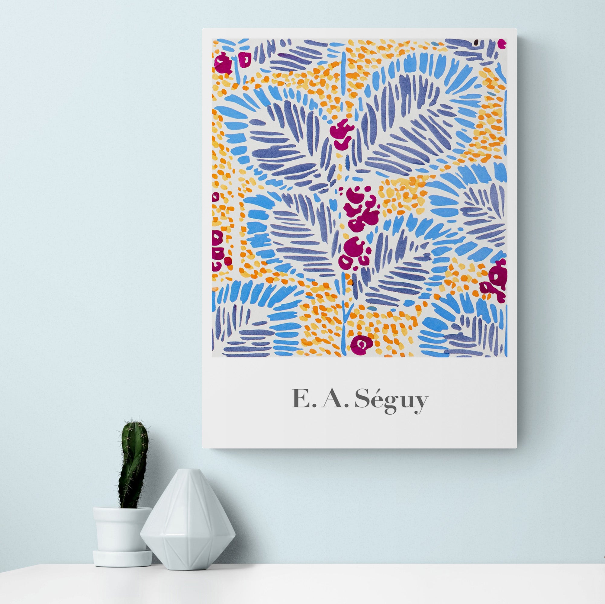 Yellow Blue Flower Pattern - Vintage - by E. A. Seguy - Canvas Wall Art Framed Print - Various Sizes