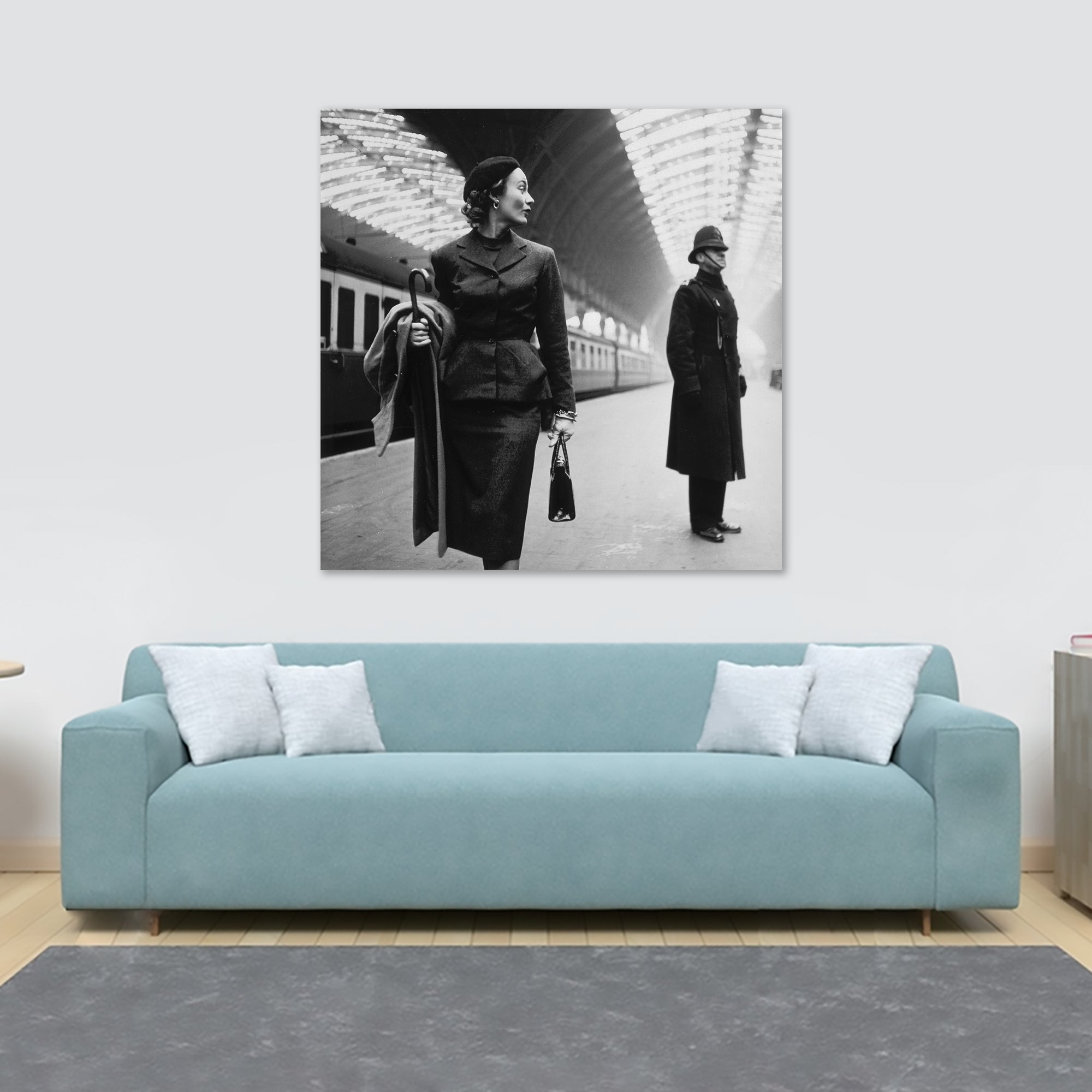 Fashion Model in Paddington Station, London, By Toni Frissell 1951 - Framed Canvas Wall Art Print - Various Sizes