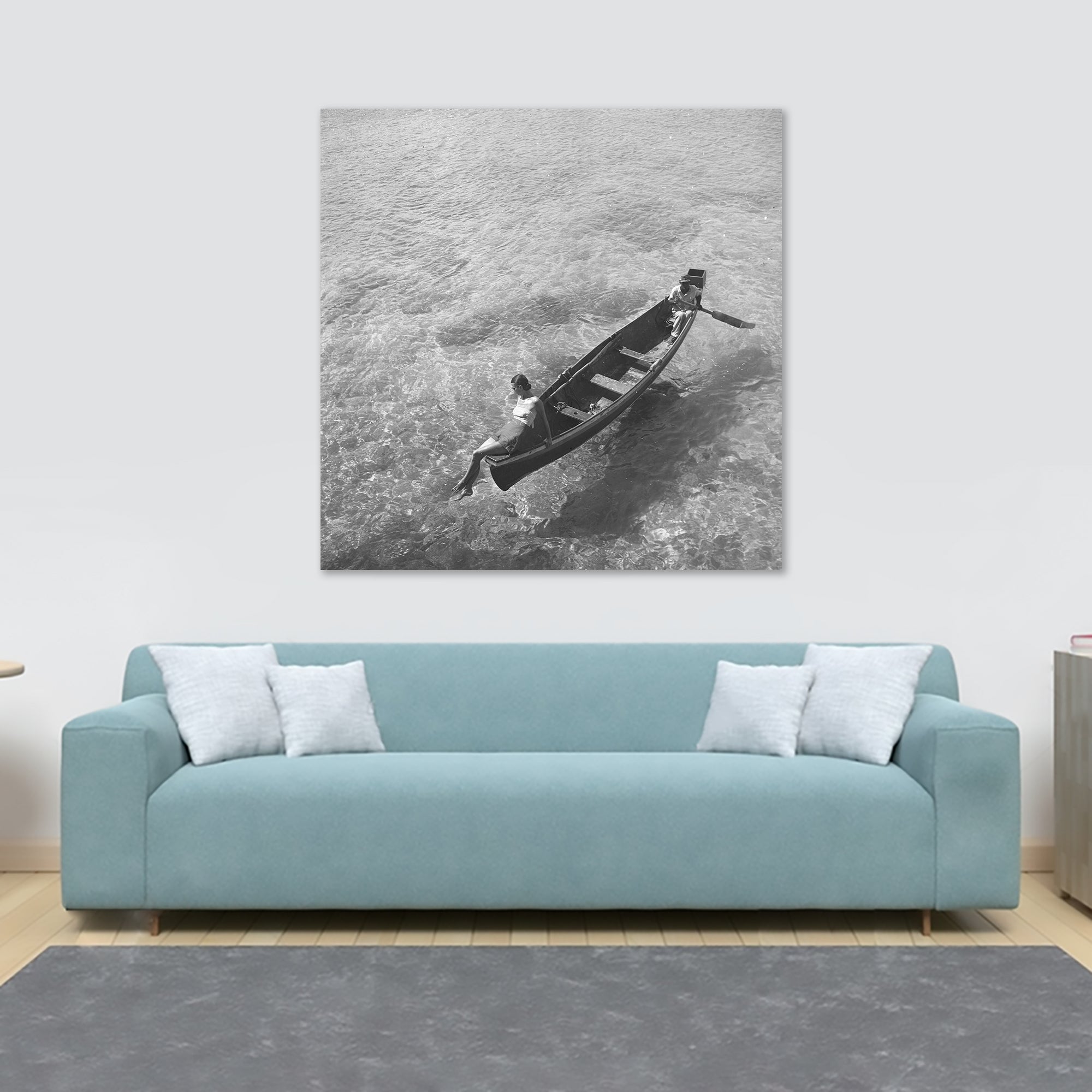 Fashion Photograhy - Model On Boat In Montego Bay by Toni Frissell - Framed Canvas Wall Art Print - Various Sizes