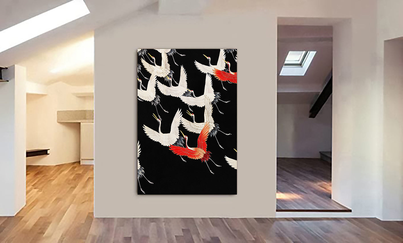 Flying Cranes Red White - Vintage - Canvas Wall Art Framed Print - Various Sizes
