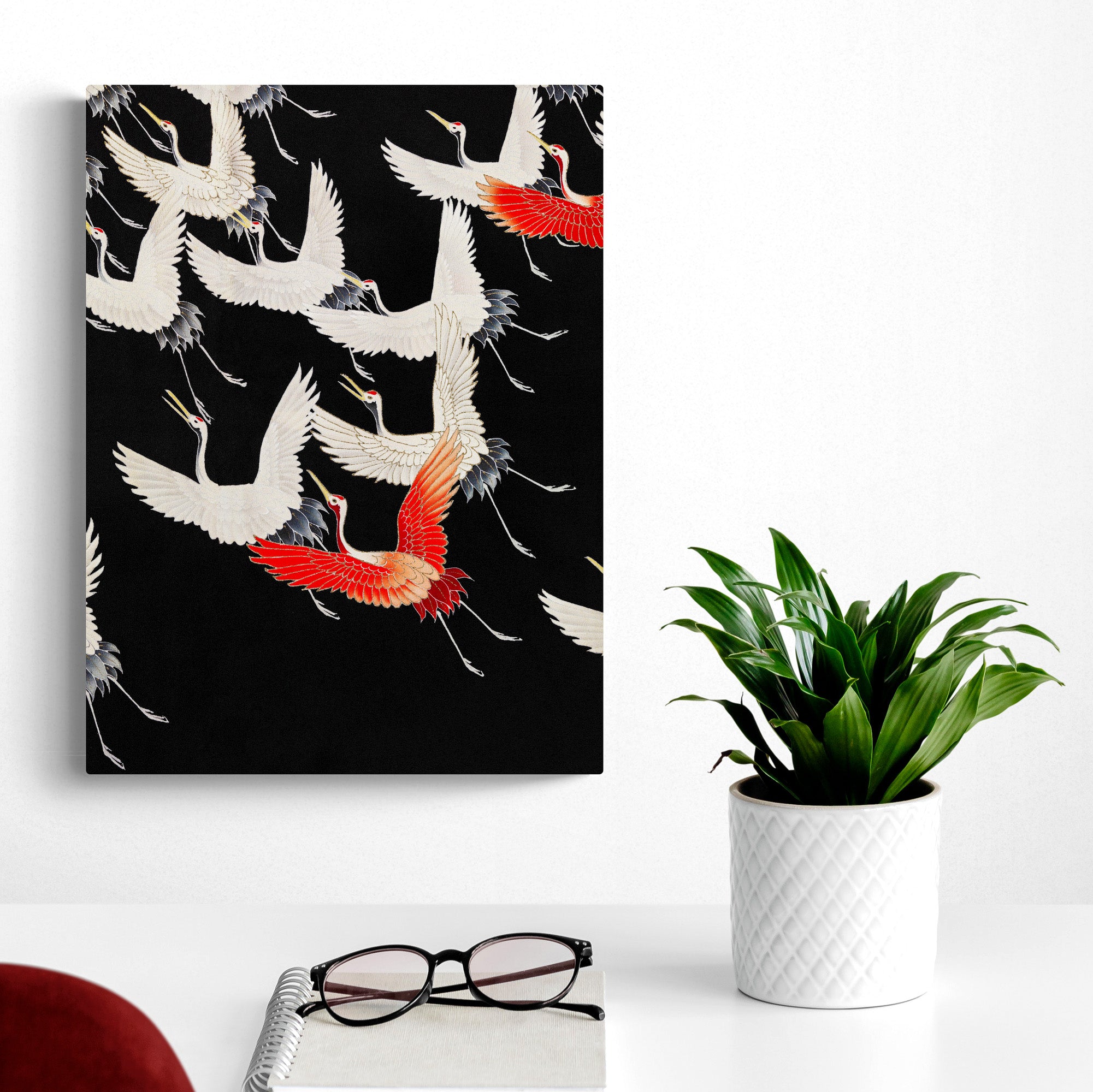 Flying Cranes Red White - Vintage - Canvas Wall Art Framed Print - Various Sizes