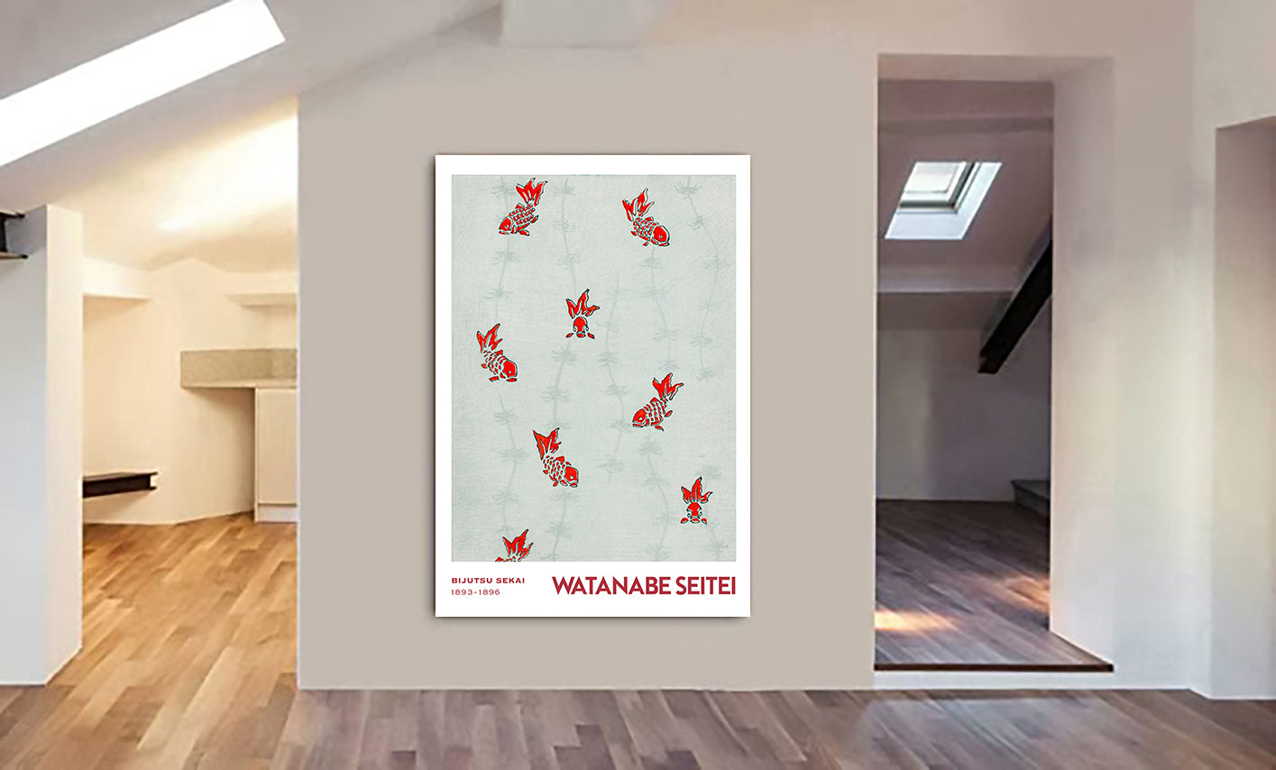 Goldfish Pattern Japanese Art by Watanabe Seitei - Canvas Wall Art Framed Print - Various Sizes