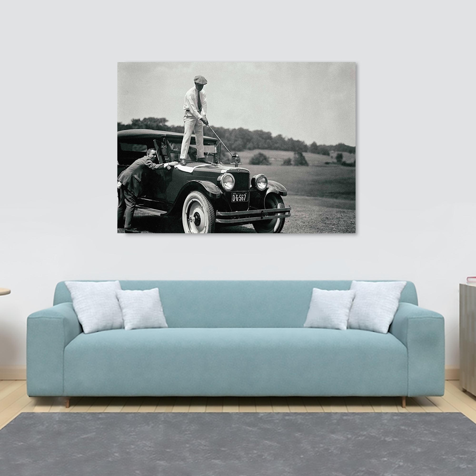 Golf Vintage Photo Golfer Hitting Ball From Car - Canvas Wall Art Framed Print  - Various sizes