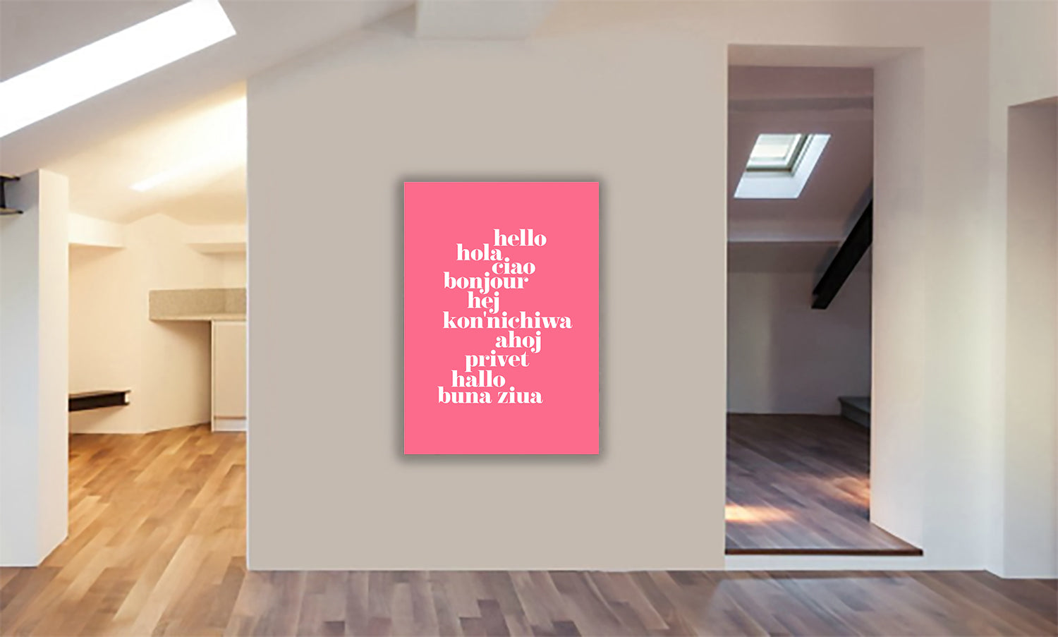 Hello Translated pink - Typographic Art - Canvas Wall Art Framed Print - Various Sizes