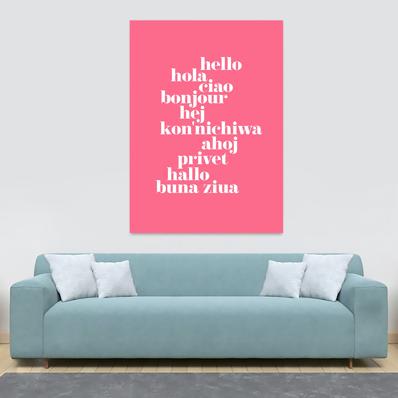 Hello Translated pink - Typographic Art - Canvas Wall Art Framed Print - Various Sizes