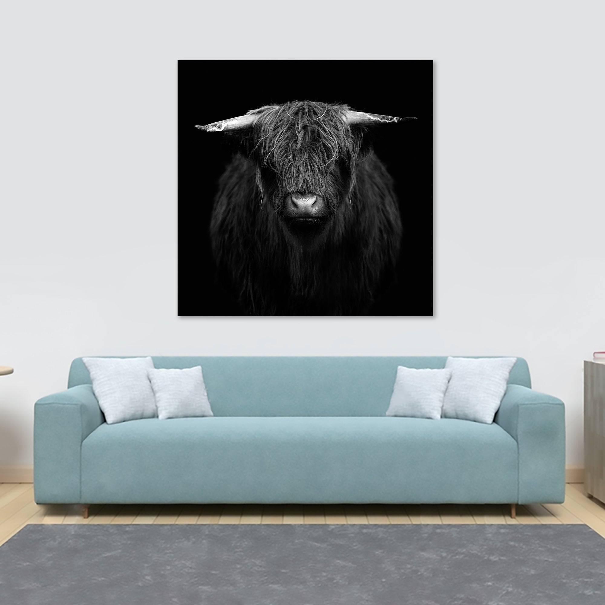 Highland Cow - Black And White - Framed Canvas Wall Art Print - Various Sizes
